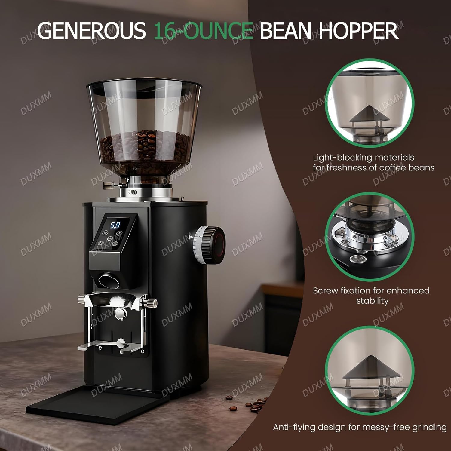 Coffee Bean Grinder,Touch Control Espresso Machine,64mm Flat Burrs,453 g Capacity,2800Rpm Automatic Coffee Bean Grinding Device,9 Thickness Adjustment,for Cafés Restaurants Black