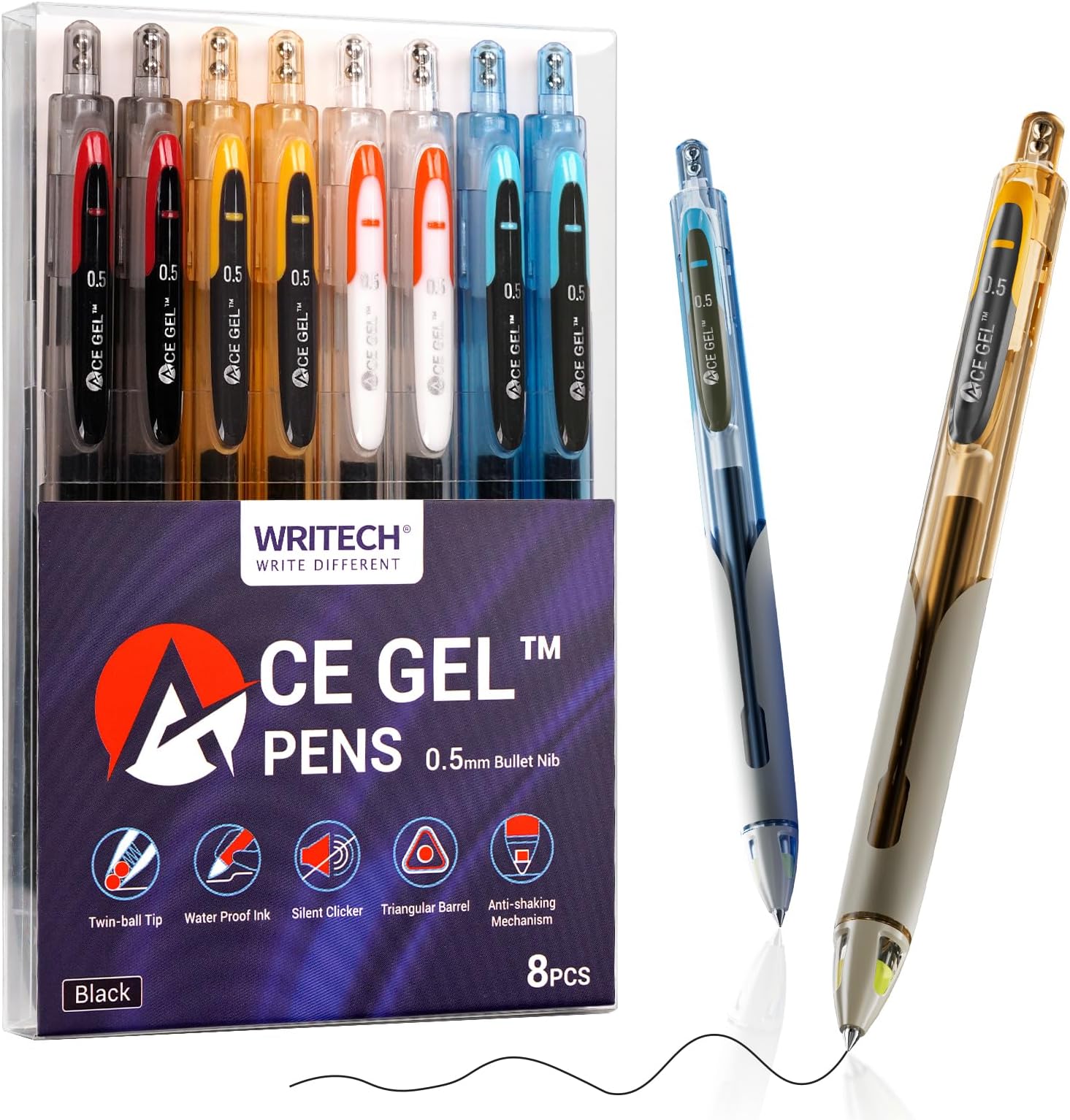 Fine Point Gel Pens: 0.5mm Fine Point Black Ink 8ct Big Volume Silent Click Pen Soft Grip Quick Dry Smooth Writing Note Taking No Bleed & Smear ACE Gel