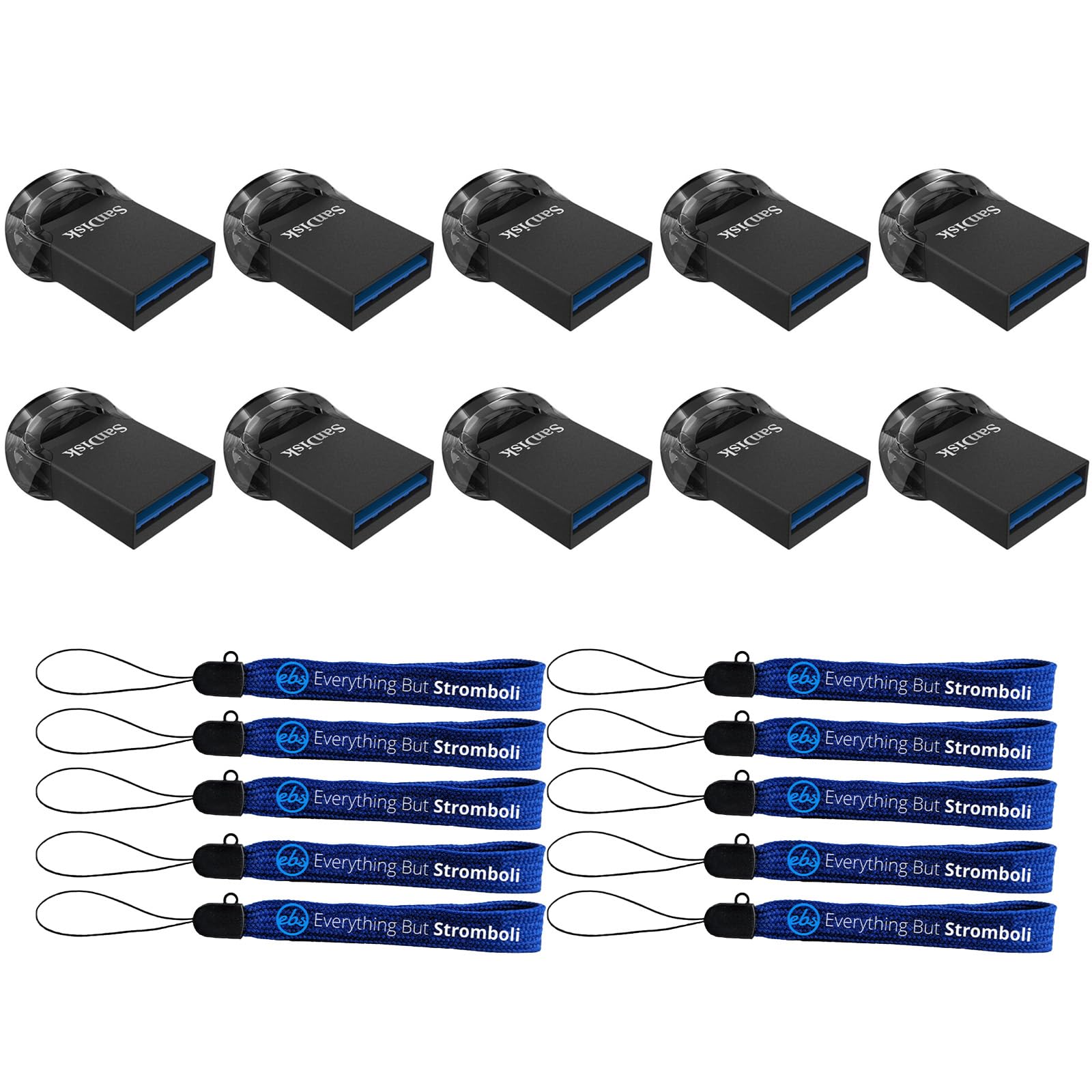 SanDisk Ten Pack Ultra Fit USB 3.2 256GB Type A Flash Drive Compatible with Laptops and Computers SDCZ430-256G-G46 - Bundle with (10) Everything But Stromboli Lanyards