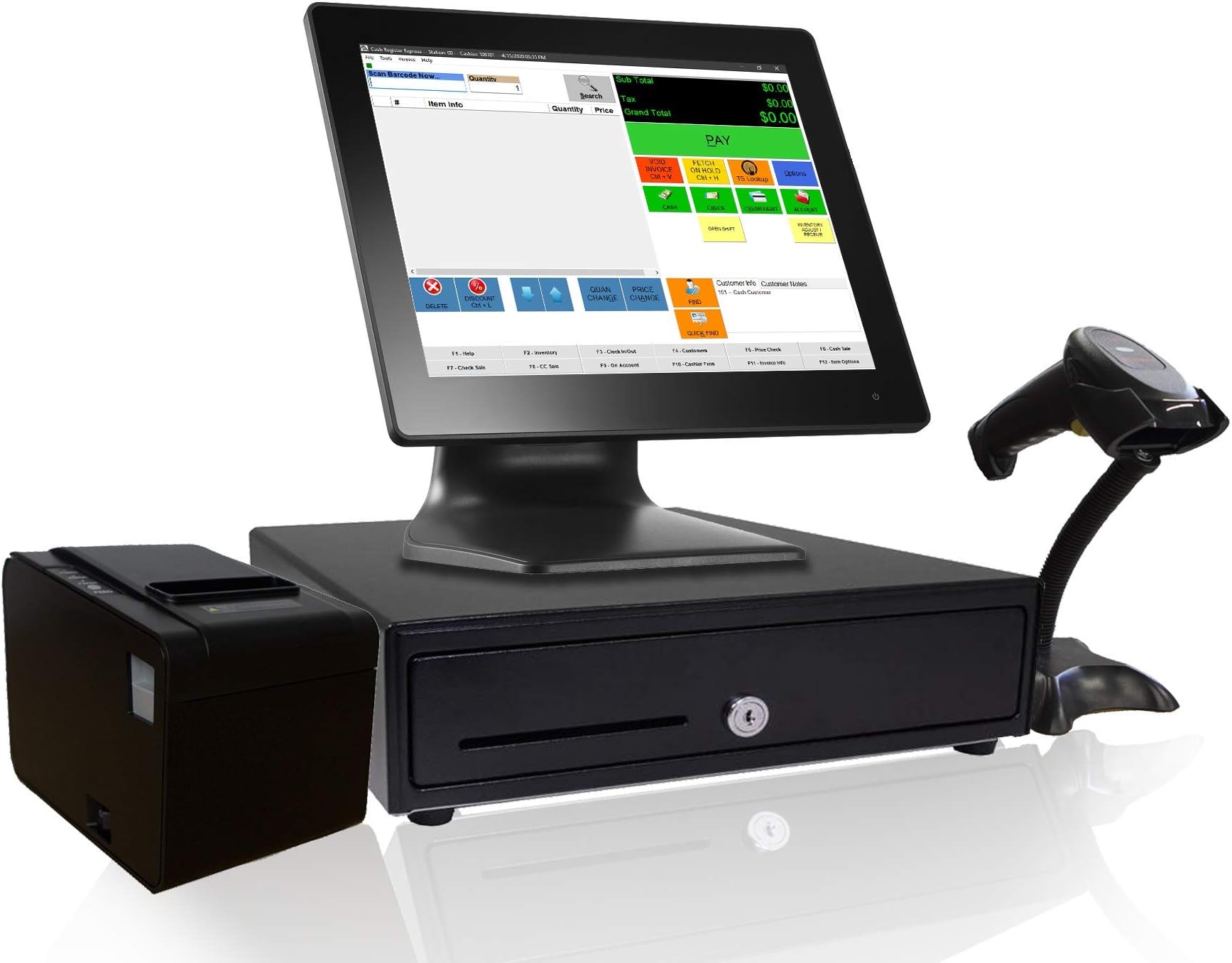 Retail Point of Sale System - Includes Touchscreen PC, POS Software (CRE Monthly), Receipt Printer, Barcode Scanner, Cash Register Drawer, and Label Printer