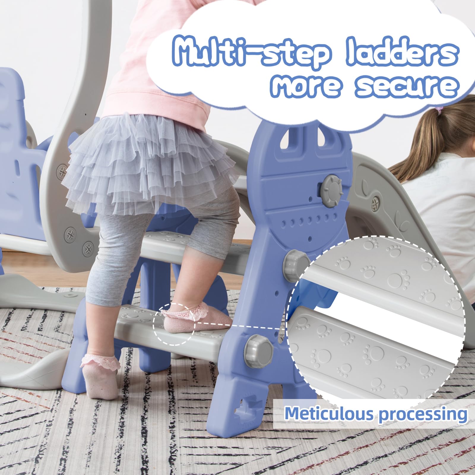 Toboga per Bambini 4 in 1, Altalena, Set di Toboga per Bambini con Scale, Altalena, Toboga e Supporto per Pallacanestro, Blu