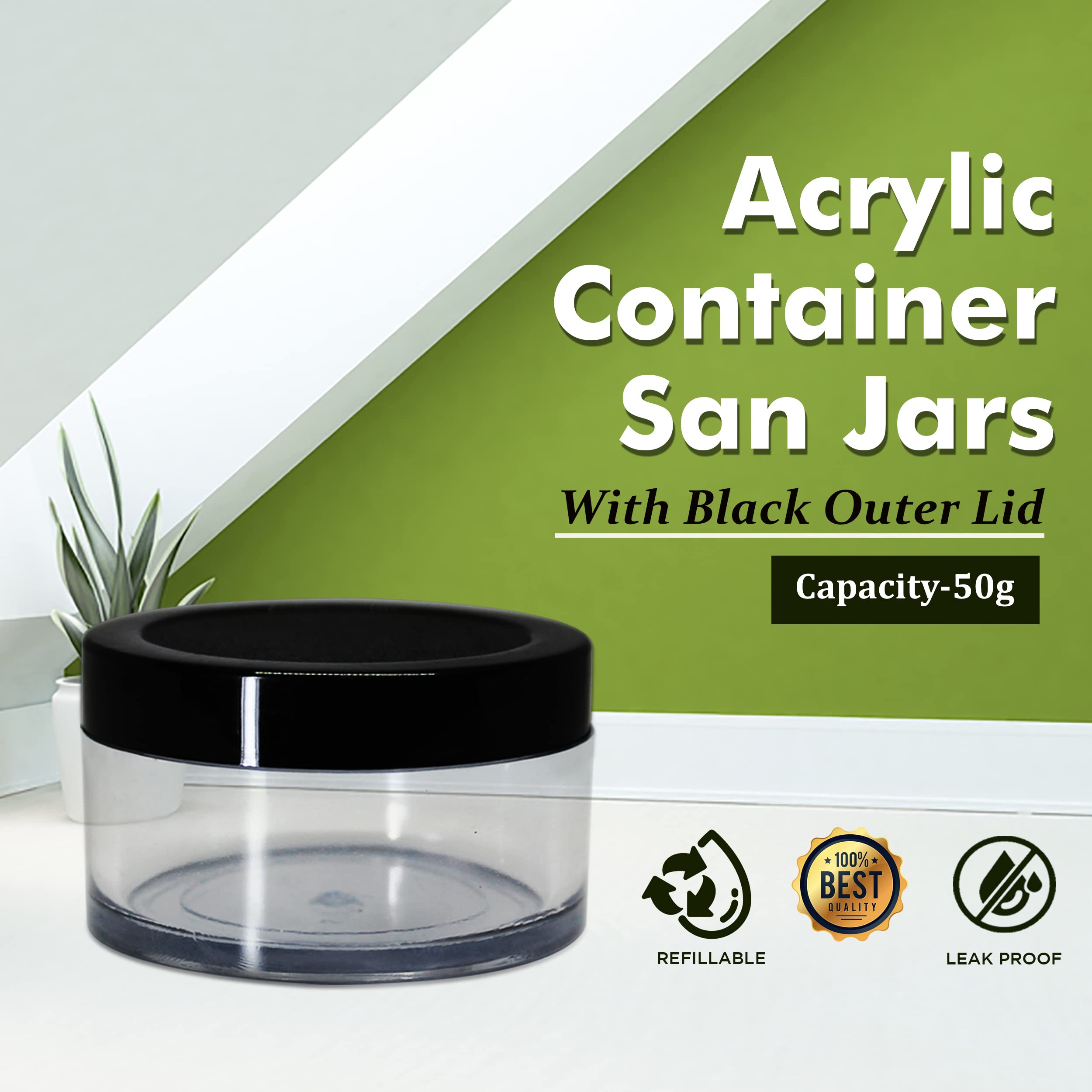 nsb herbals Acrylic Container San Jars With Black Outer Lid And Inner White Lid Set For Lip Balms, Diy Skin Care, Body Butters And Creams (Clear, 50 G) (3)