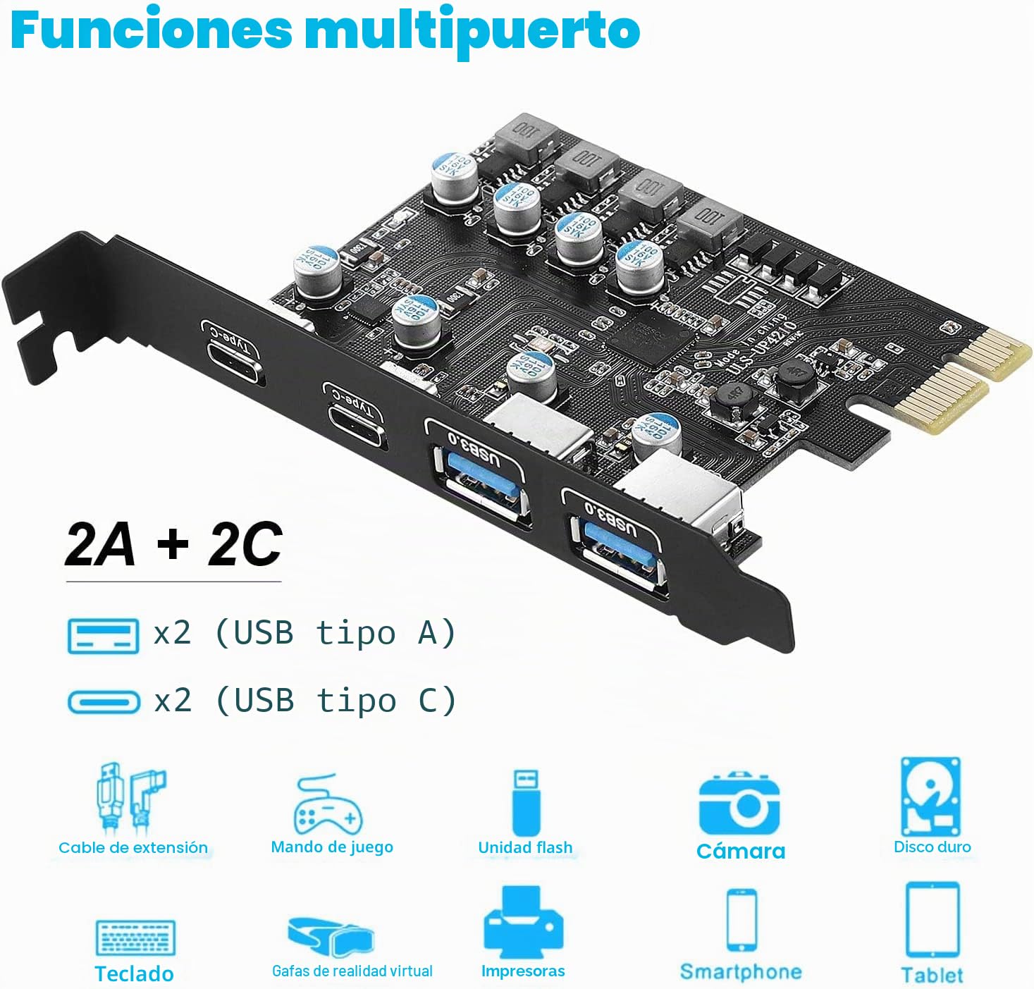 Tarjeta de expansión USB 3.0 PCIe de 4 Puertos (2 USB C 3.0, 1 USB A 3.0, 1 USB A 2.0), PCI Express USB Añadir en Tarjeta 5Gbps para PC de Escritorio Windows