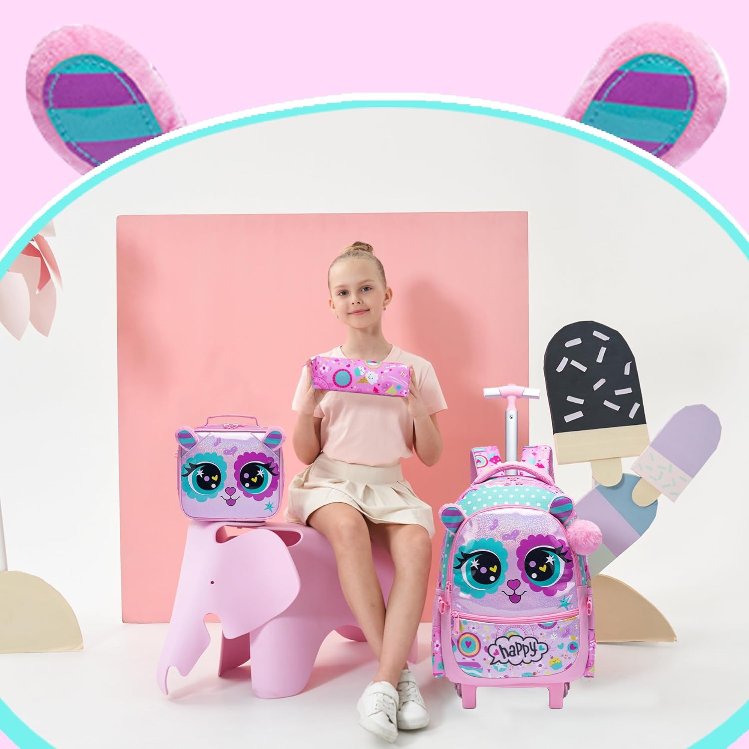 Meetbelify Rolling Backpack for Girls Backpacks with Wheels for Elementary School Students Kids 2 in 1 Travel Luggage Suitcase for Girls Age 8-10