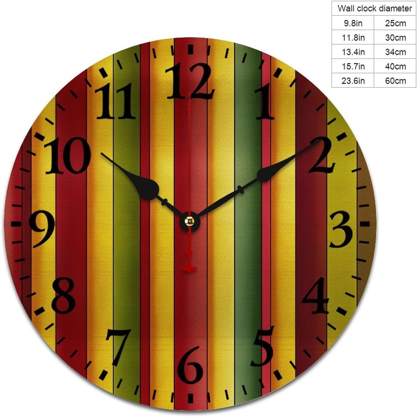 Burgundy Red Green Ochre Yellow Stripes Pattern Wooden Wall Clocks Farmhouse Stripe Check Indoor Wall Clocks Battery Operated for Kids Room and Kitchen Arabic Numbers 16 Inch Round