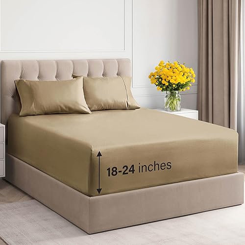 Miniatura 1 de Sábanas de bolsillo extra profundo tamaño Queen - Sábanas de algodón tamaño Queen - Juego de sábanas de 4 piezas - Algodón de 400 hilos - Juego de