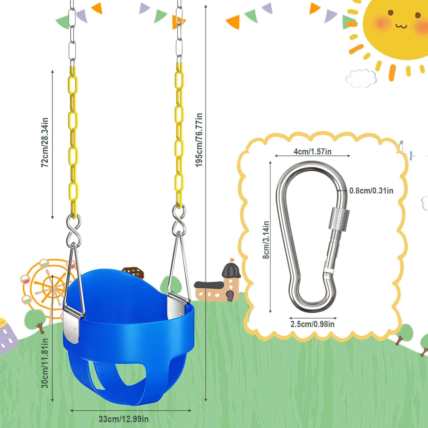 AGPTEK Full Bucket Toddler Swing Seat with Yellow Swing Chains and Carabiners for Easy Install (Blue)