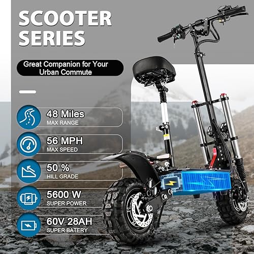 Miniatura 2 de Patinete eléctrico T88 para adultos, 5600 W de doble motor 60 V28 Ah, batería máxima de 50 MPH y 48 millas de largo alcance, freno de disco de