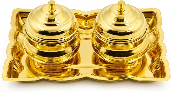 Spillbox Traditional Handcrafted Brass Thali Haldi kumkum Chandhan Holder Stand Plate with Lid for Pooja|Puja Rectangle Thali with Bowl|Brass Pooja Thali| Worship-Rectangle Leaf-2 Bowl
