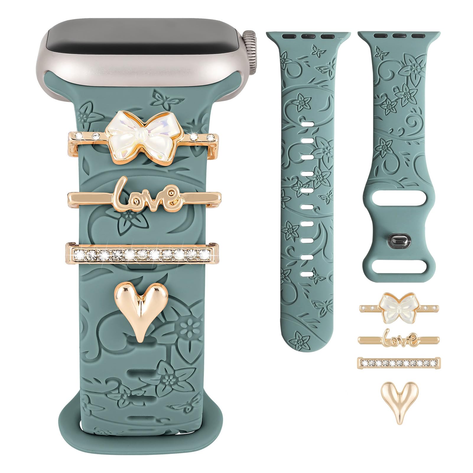 Charm+Band for Apple Watch Bands 40mm 41mm 38mm 44mm 45mm 46mm 42mm Women,Floral Engraved Silicone Sport Band+Decorative Ring Loops for iWatch Series