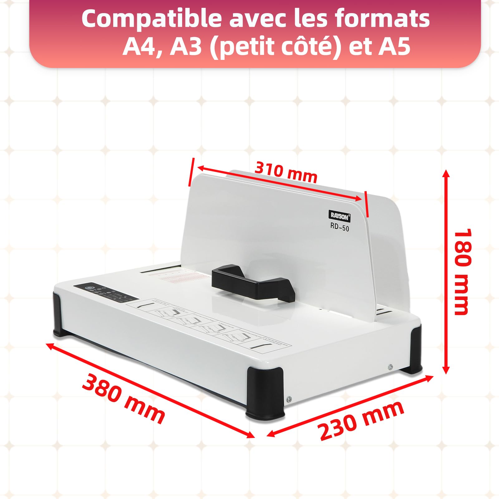 RAYSON Thermorelieuse, Relie 480 Feuilles, 50 mm d’épaisseur, RD-50 | Construction métallique, Avec pochettes de thermoreliure incluses