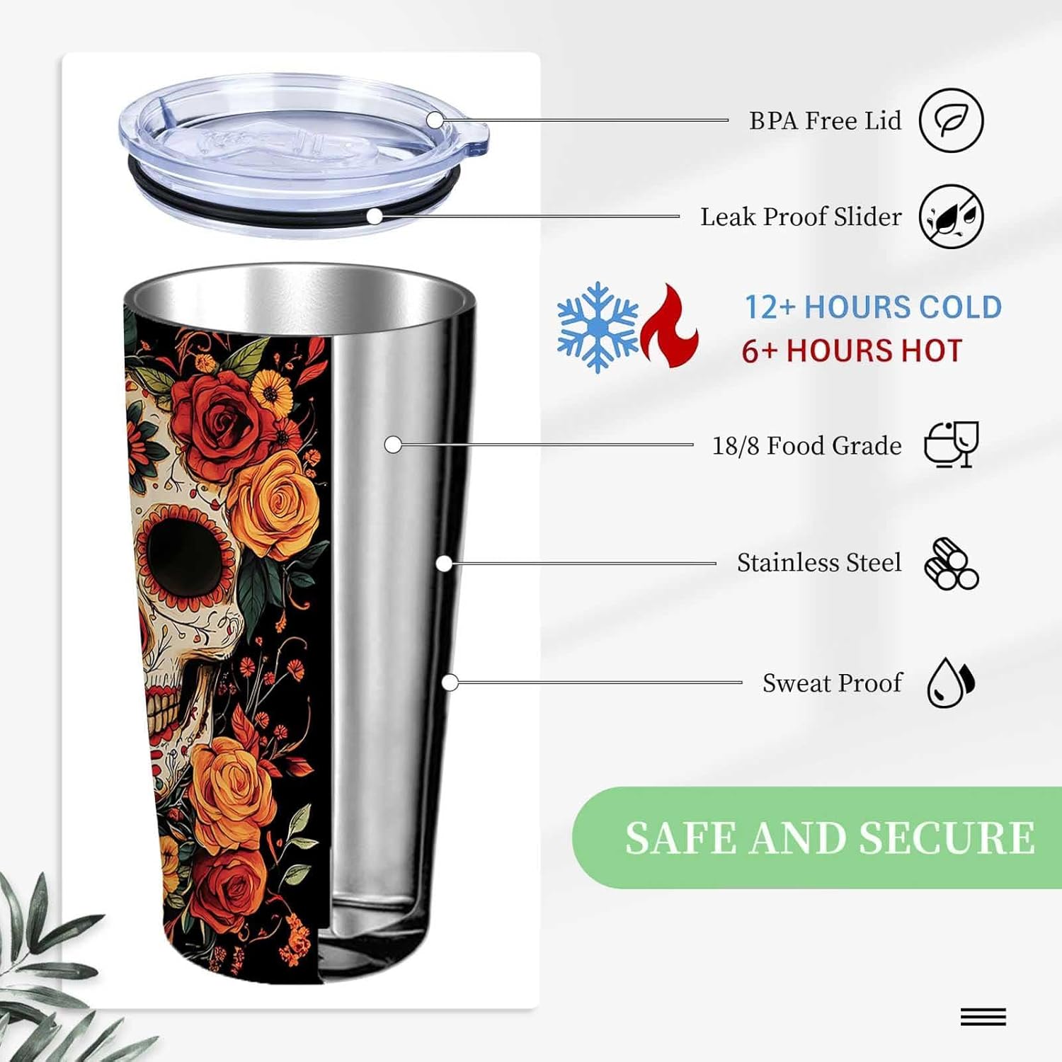 Sugar Skull Rose 20 oz Tumbler, Insulated Stainless Steel, Day of the Dead Halloween Travel Mug, Sugar Skull Gifts for Women & Men, Spooky Witchy Hot & Cold Drink Cup for Christmas & Birthday - Image 8