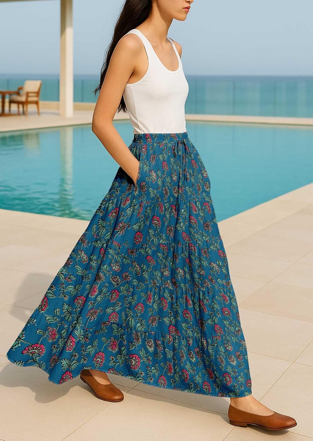 Moomaya Women’s Cotton Resort Skirt with Pockets | Tiered Maxi Summer Skirt | 40-Inch Vacation Wear | Flowy Vacation Outfit