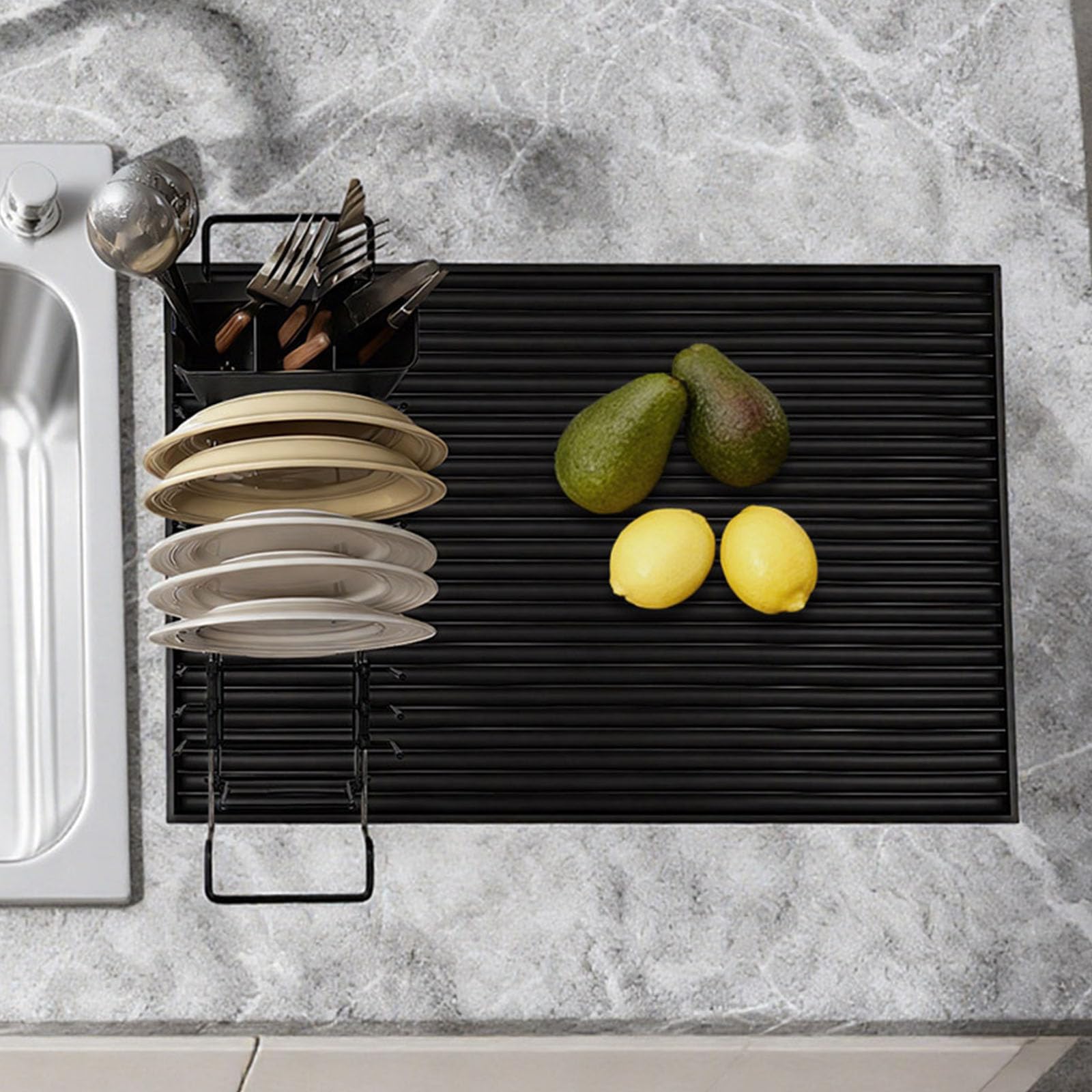 Tappetino scolapiatti pieghevole in silicone con griglia in metallo espandibile e portaposate, per cucine domestiche e piccoli appartamenti, lavabile in lavastoviglie