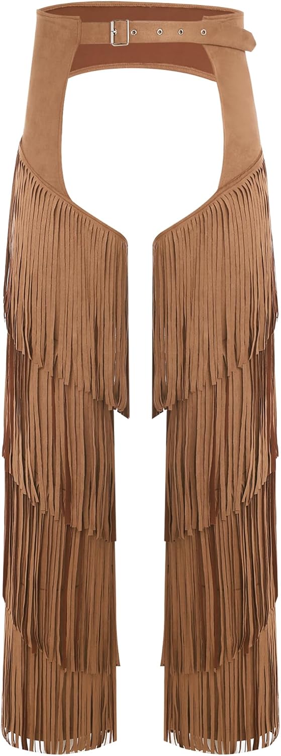 Hularka Mens Fringed Faux Suede Cowboy Chaps Buckled Waist Hollow Out Tassel Pants Costume