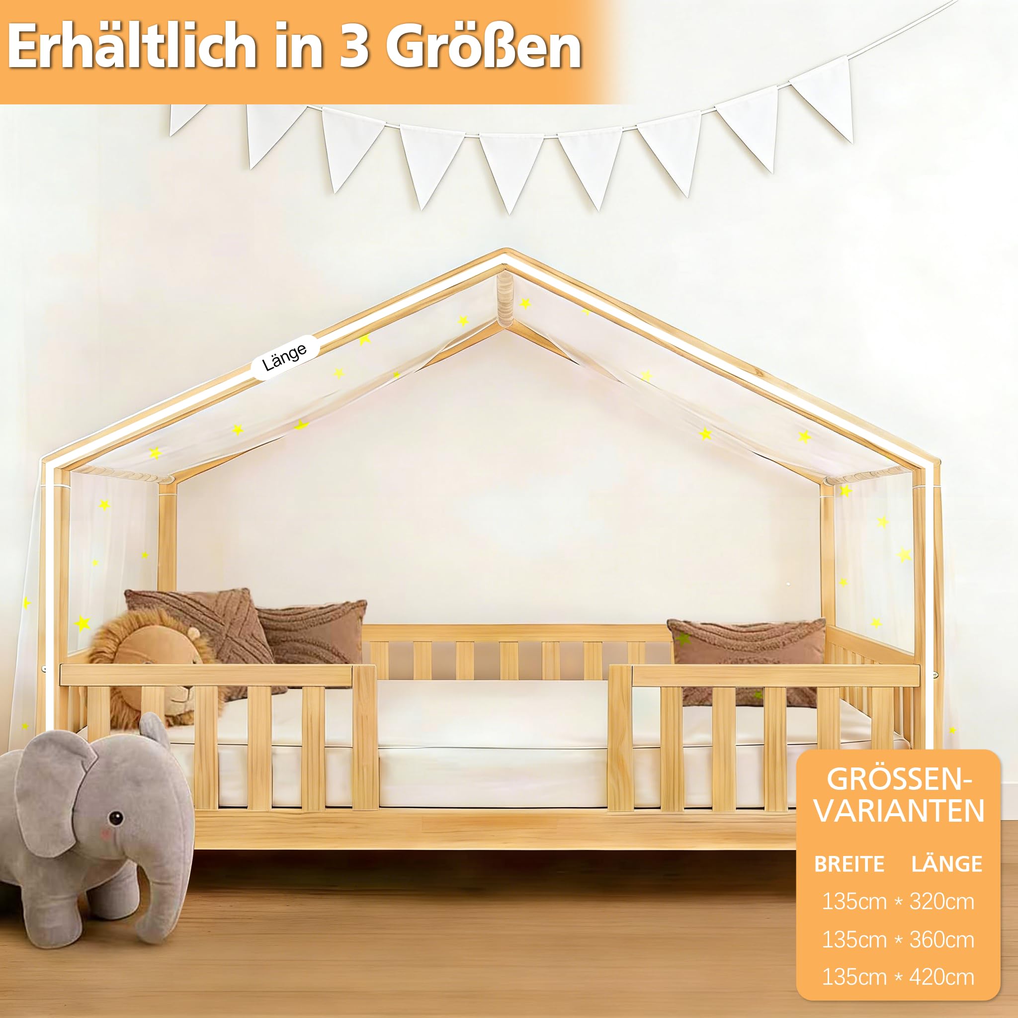 Hook Hausbett Himmel Betthimmel für Hausbett Kinder – Leuchtender Sternenhimmel Stoffhimmel für Hausbett Deko für Mädchen & Jungen – Himmel für Hausbett & Bodenbett (Weiß, H135 x B420 cm (1er Pack))