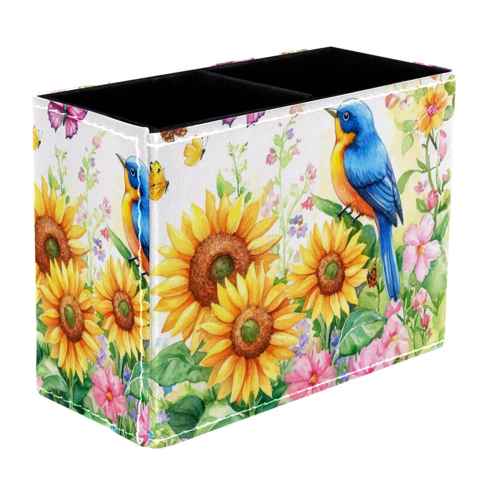 FWJZDSP Pencil Holder for Desk, Sunflower Bird Butterfly Pen Holder Storage Desktop Pen Organizer Desk Pencil Organizer Makeup Brush Holder for Office School College