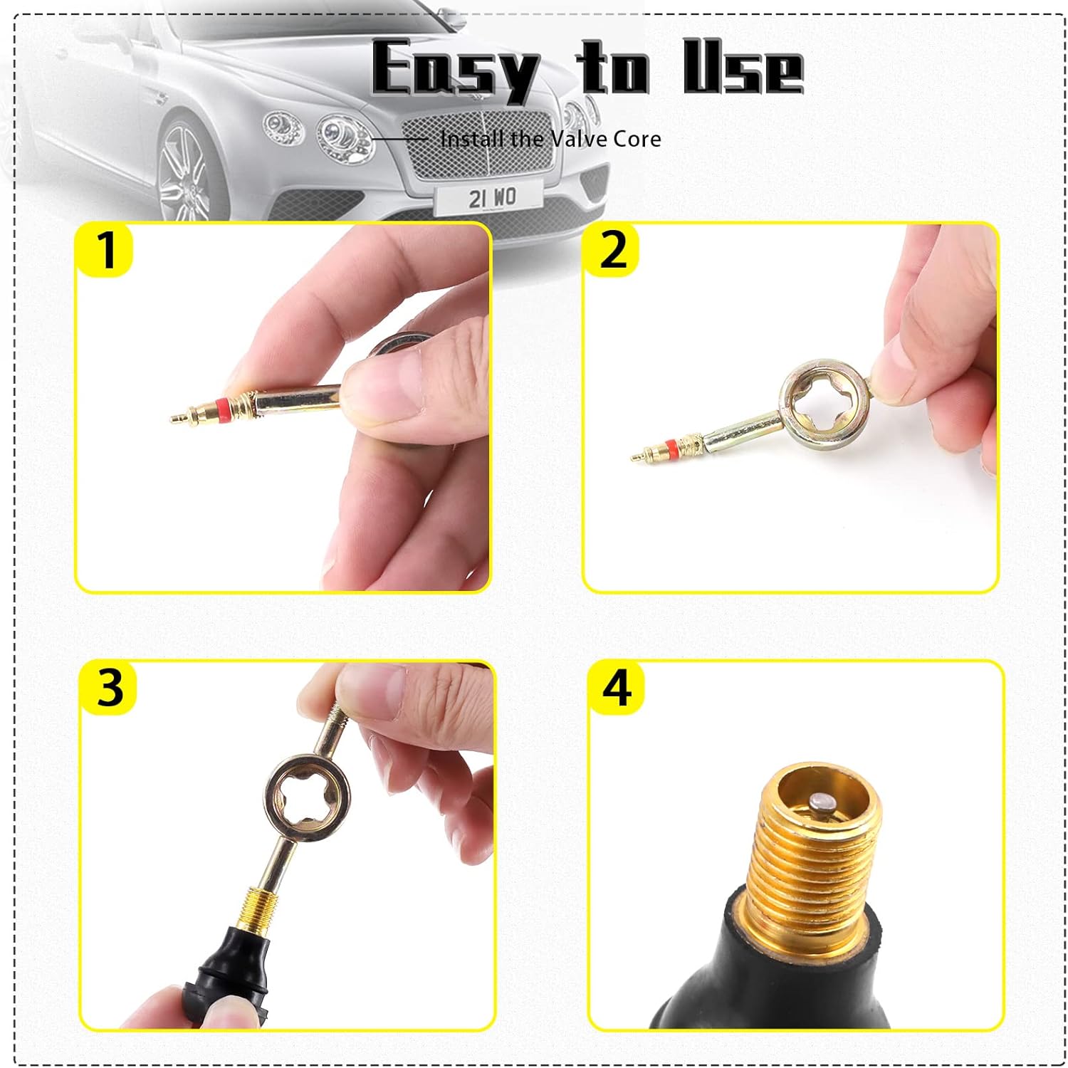 76 Pcs Tyre Valve Stem Puller Tools Set Includes TR412 Snap-in Valve Stems & Caps with Pure Copper Valve Stem Cores, Tire Patch Roller, 4 Way Valve Tool and Dual Single Head Remover