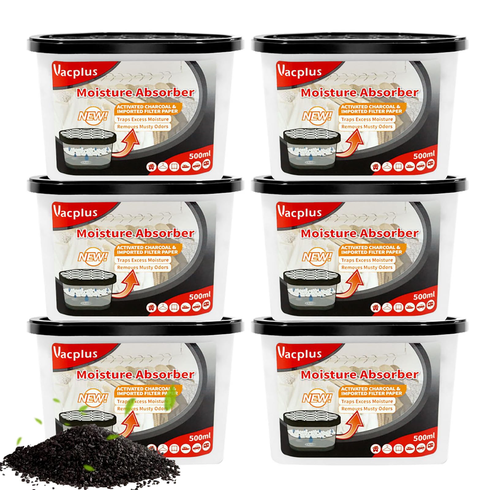 Vacplus Moisture Absorbers 6 Pack, 10.5 Oz Portable Humidity Absorber Boxes for Your Bathroom, Closet & Car, Dehumidifier with Activated Carbonfor, Black