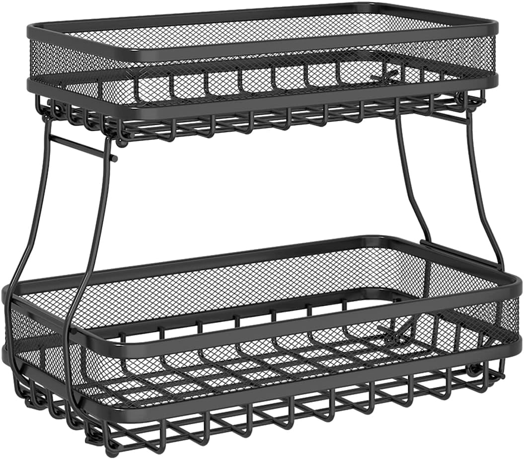 OKZEST 2 Tier Fruit Basket for Kitchen Counter, Vegetable Fruit Storage Bowl Basket Stand, Countertop Rectangular Fruit Organizer Holder Metal Produce Basket for Bread Snack Potato Onion