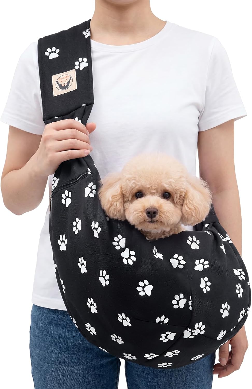Fumete Small Dog Cat Sling Carrier, Adjustable Crossbody Pet Bag, Black, M | Soft Breathable Travel Wrap with Zipper Pocket for Puppies and Kittens during Outdoor Trips