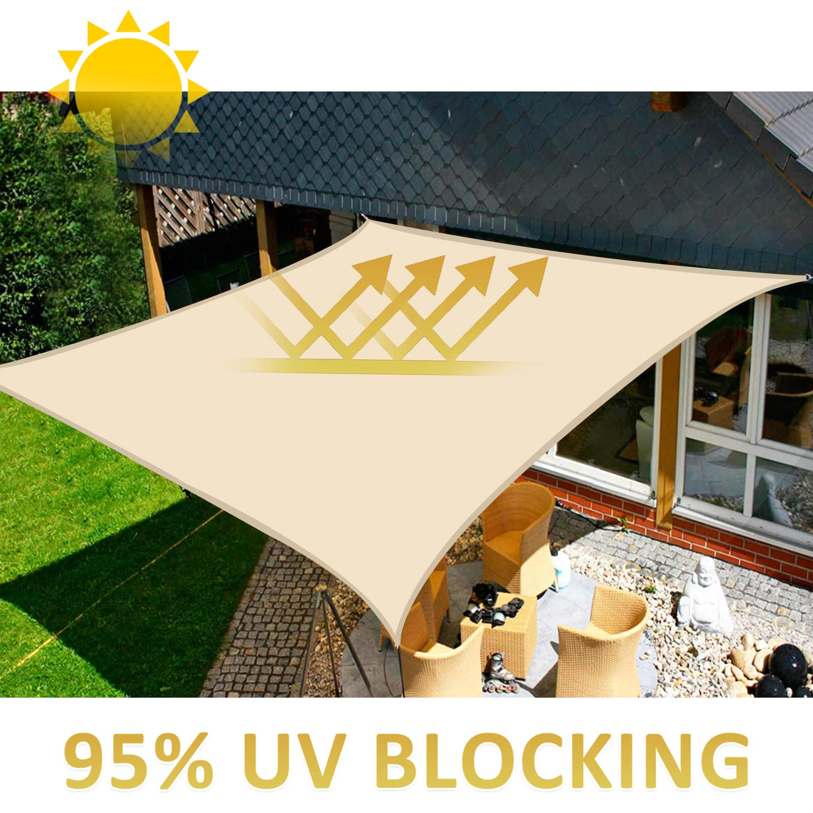 Vela Ombreggiante Impermeabile 2x3m, 95% Protezione UV Tenda da Sole per Esterno, Tenda Parasole Rettangolare per Giardino, Balcone, Piscina, Tenda a Vela Beige