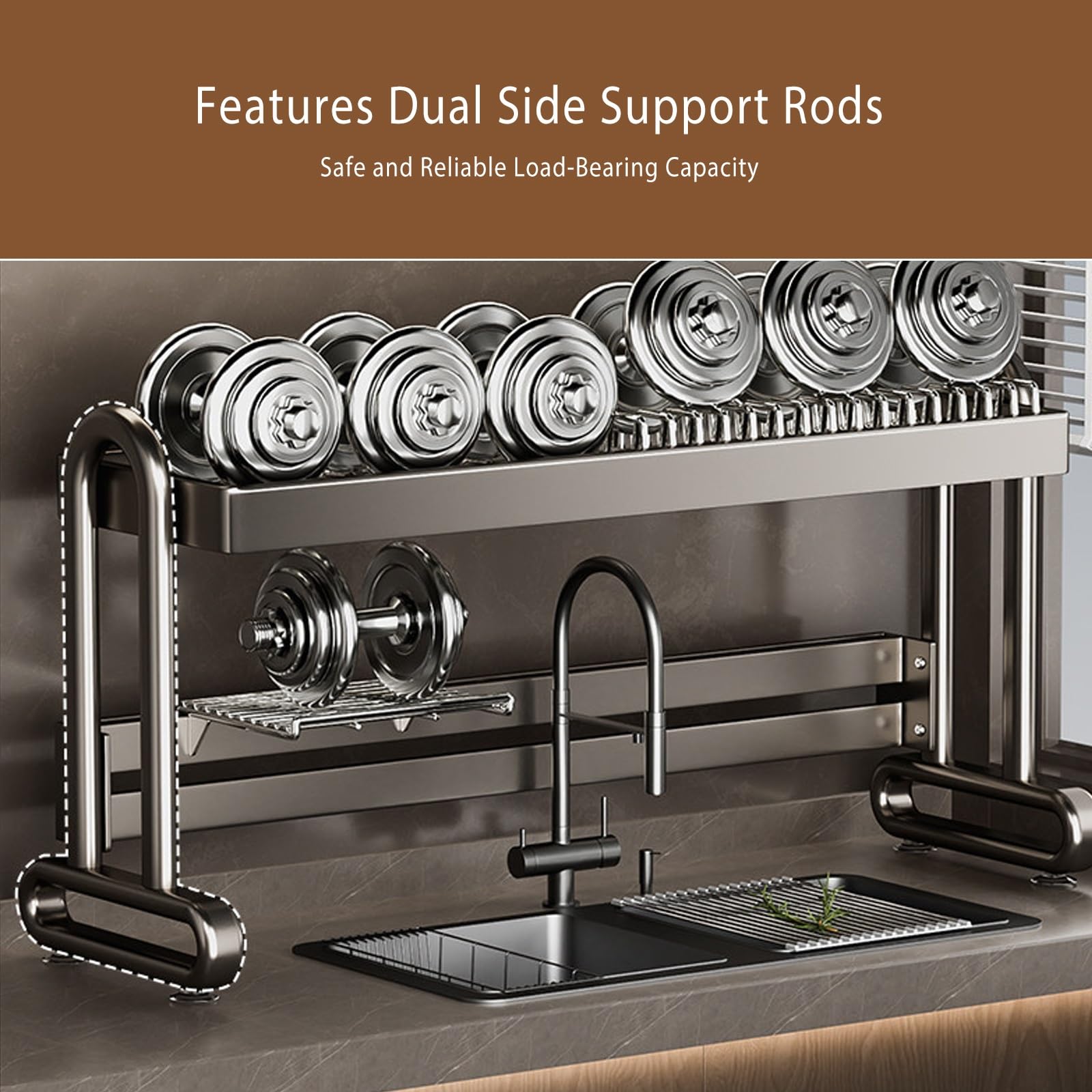 Escurridor de Platos de Acero al Carbono Robusto Organizador de encimera ventilado y autodrenante para Guardar Platos, Cuencos y Fuentes (Doble Capa, 86,5 cm/34,1 Pulgadas
