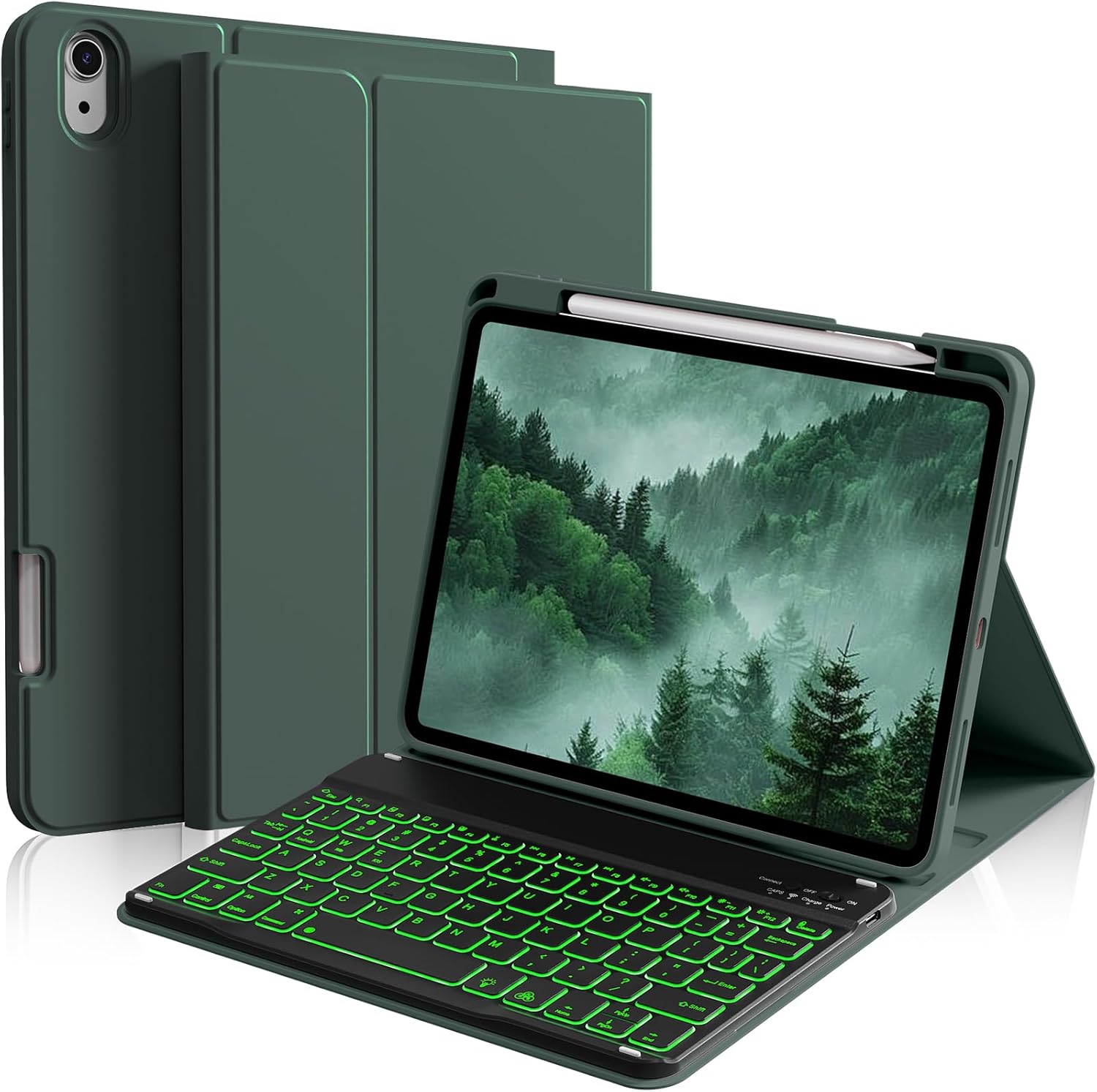 kenke for ipad 11/10th gen case with keyboard 11/10.9 inch 2025 a16/2022, detachable wireless bluetooth keyboard case with right side pencil holder, backlit black square keycaps (dark green dark green-6
