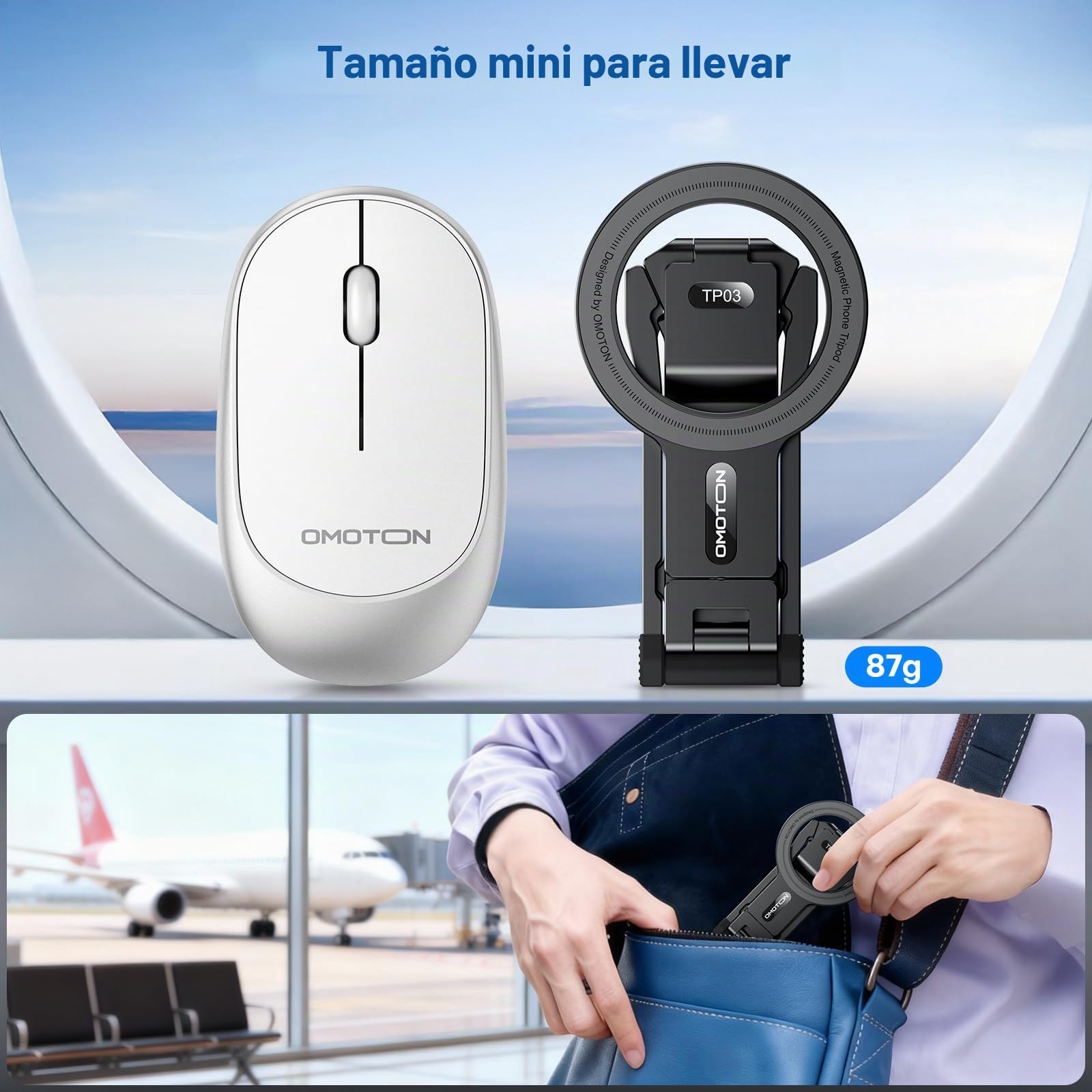 OMOTON TP03 Trípode Giratorio 360° para MagSafe, Trípode Magnético Ultradelgado con Tornillo de 1/4" y Gancho, para iPhone 17/16/15 Pro MAX, Soporte Plegable para Teléfono para Vlog, Gimnasio, Viaje