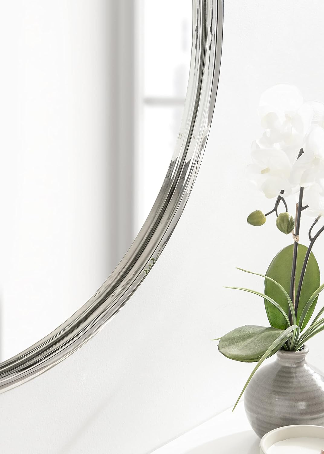 Kate and Laurel Rowla Modern Round Wall Mirror; 28 Inch Diameter; Silver; Decorative Circle Mirror with Polished Stainless Steel Finish and Large Size