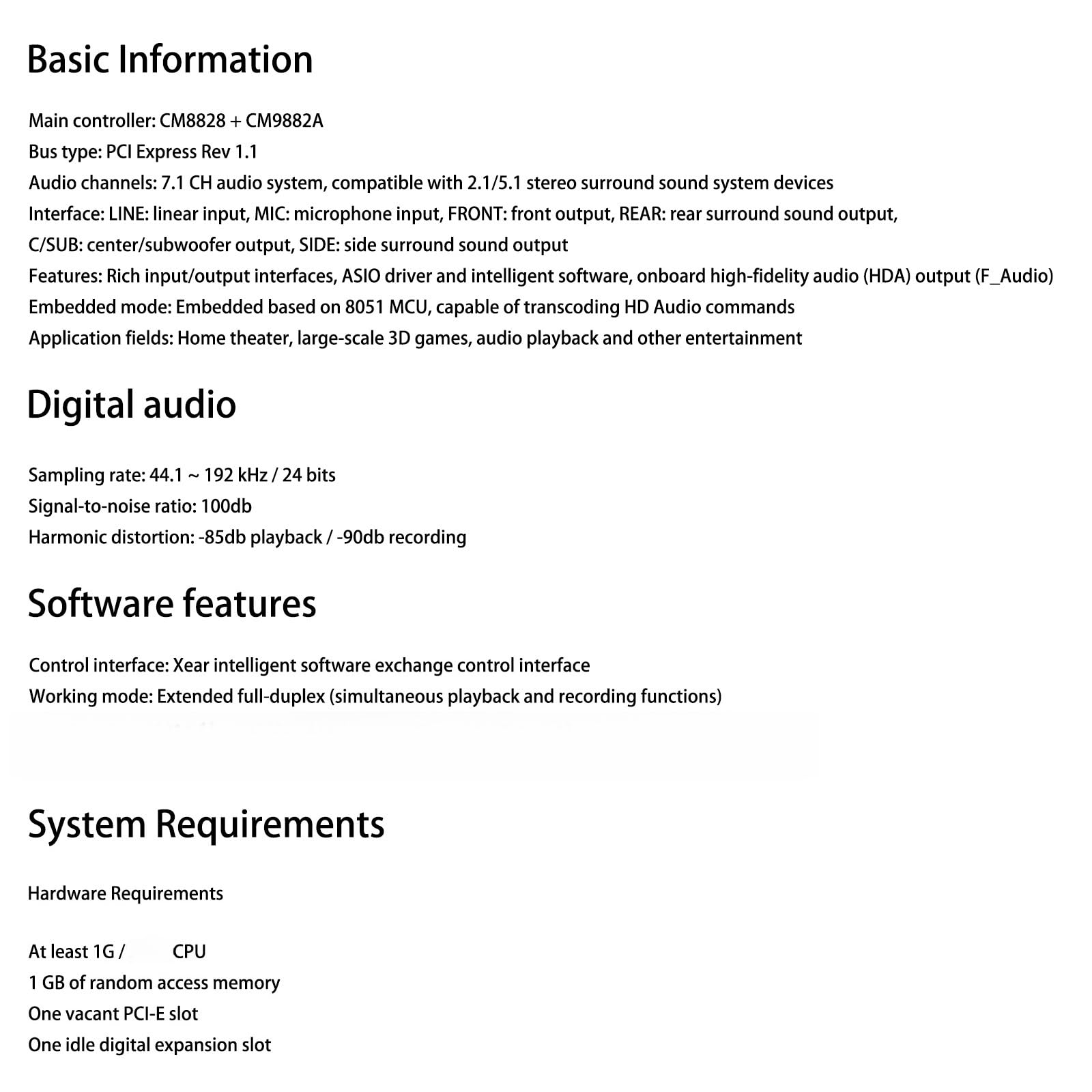 CMI8828 PCIE 7.1 K, geeignet für verlustfreie Soundkarte, Glasfaser, Heimkino, große Spielumgebung, Soundkarte