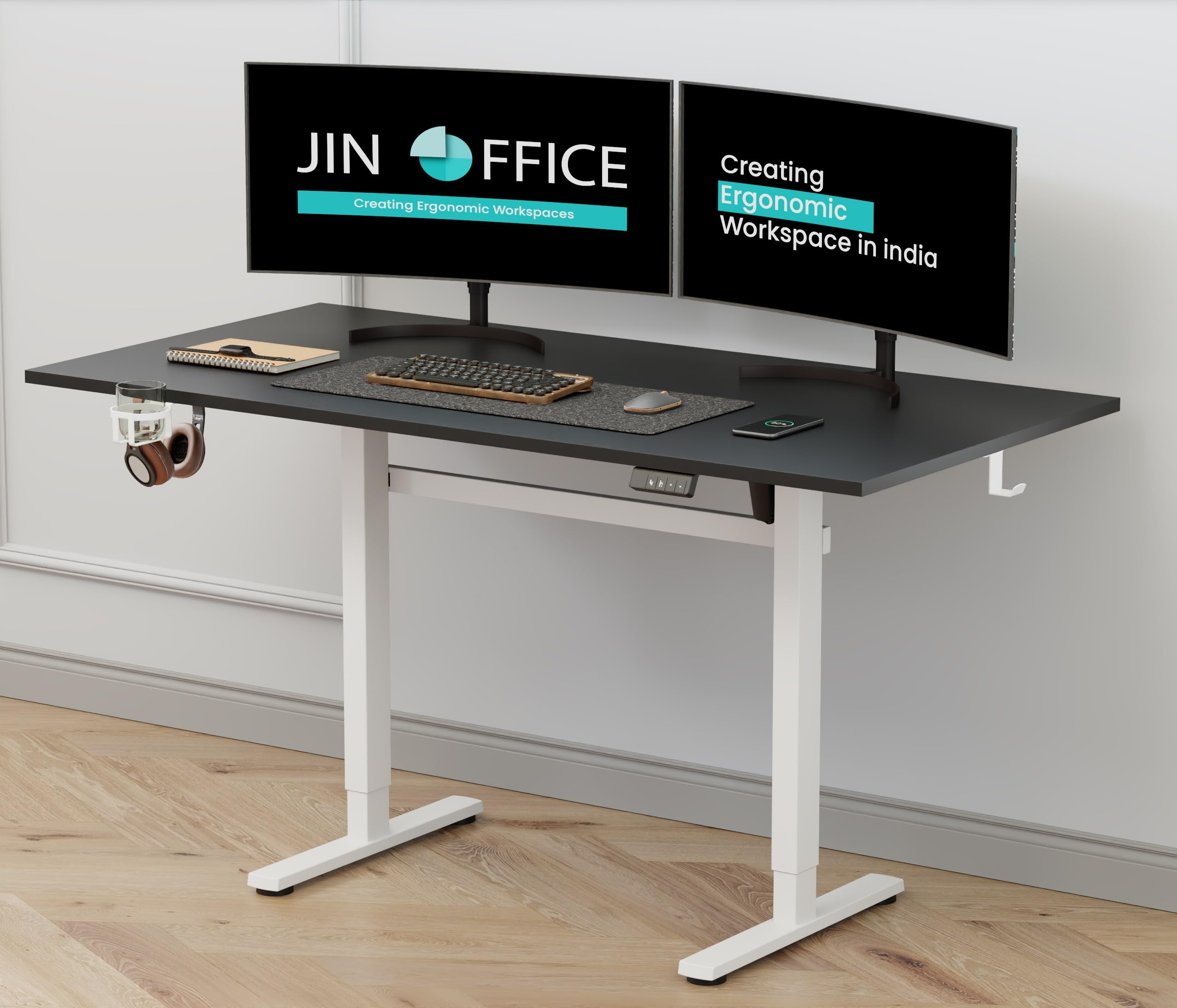 JIN OFFICE Octave Electric Height Adjustable Desk | Standing Desk, 80 Kg Wt. Cap, 2 Year Warranty| Sit Stand Table with Cup Holder, Memory Preset| Stability Crossbar| Black 1500*750mm/25mm Thick Top