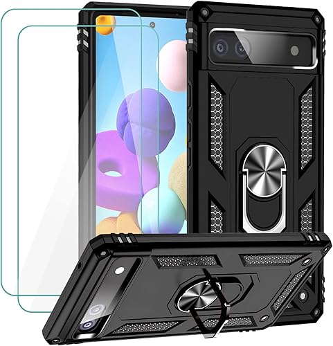 Funda para Google Pixel 6a con protector de pantalla de vidrio templado 2 unidades, funda protectora de grado militar a prueba de golpes con anillo