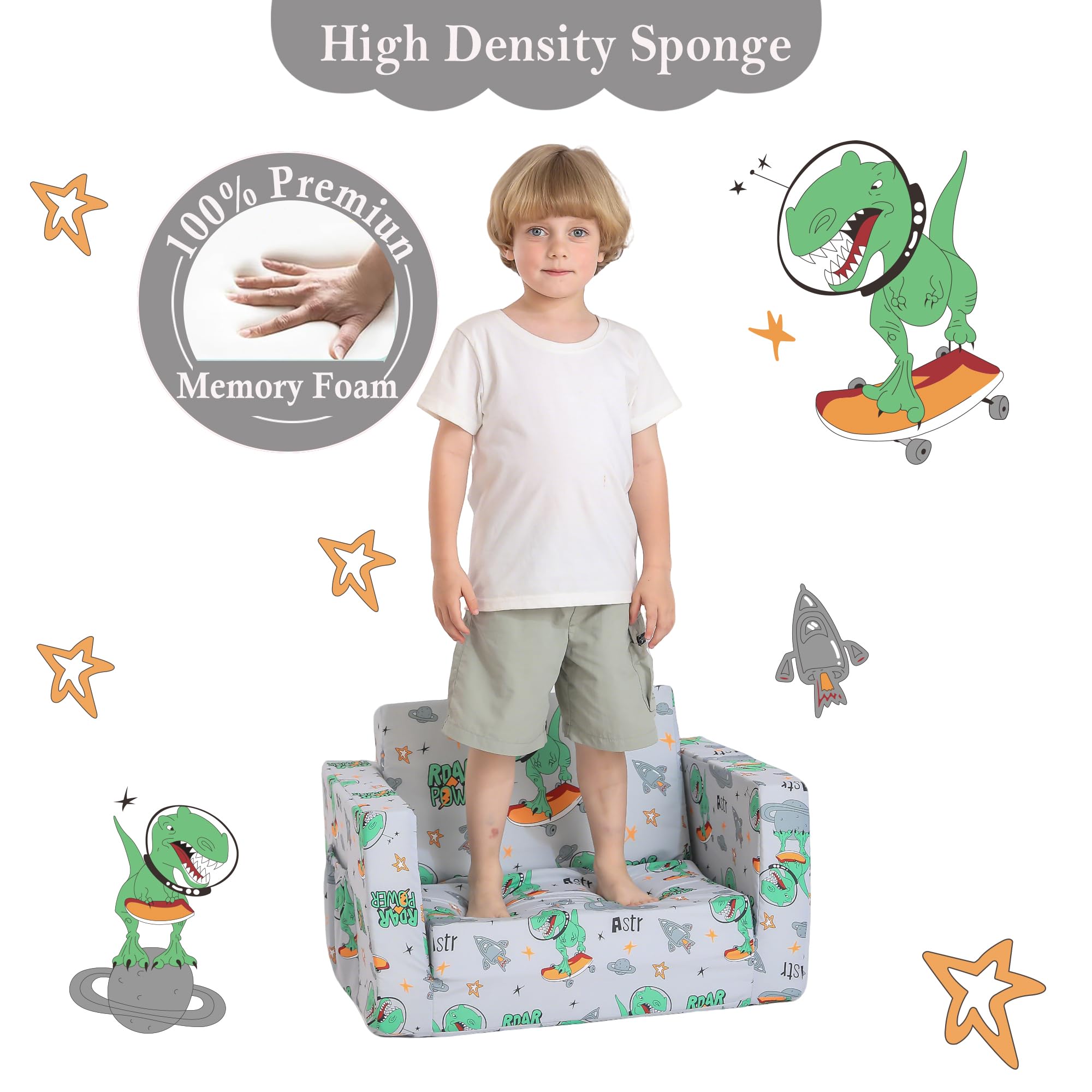 lasoftan Kids Couch for Toddler, 2-in-1 Toddler Chairs Couch Bed, with Double Pockets for Boys & Girls, Convertible Kids Furniture Lounge Chairs for Playroom - Gray Dinosaur