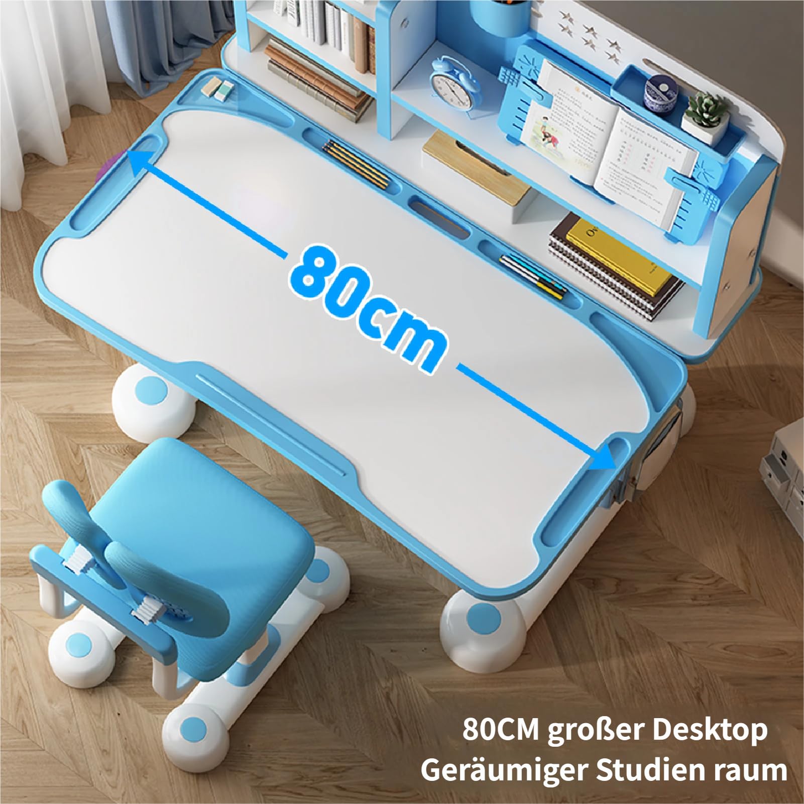 Kinderschreibtisch Set mit Bücherständer, Schüler-Schreibtisch und Stuhl, Kinderschule, Studiertisch mit Schubladenablagen, Bücherregal, Studienstuhl und Schreibtisch für Kinder (Blau)