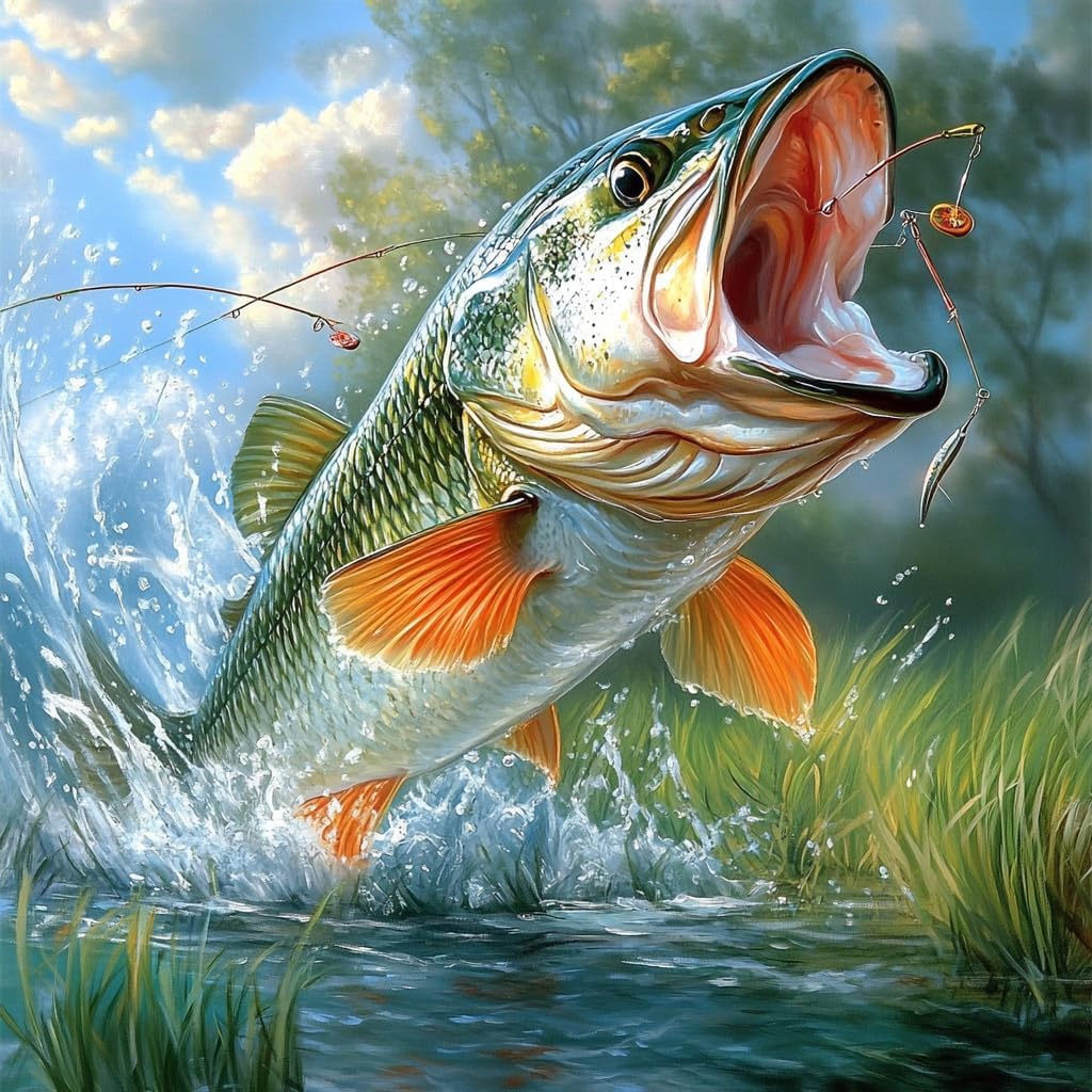 GLXPOG Diamond Art Kits for Adults - Giant Bass 5D Diamond Painting Kit for Adult Beginners, Fish DIY Full Drill Art Painting for Gift and Home Wall Decor (12x12 inch)
