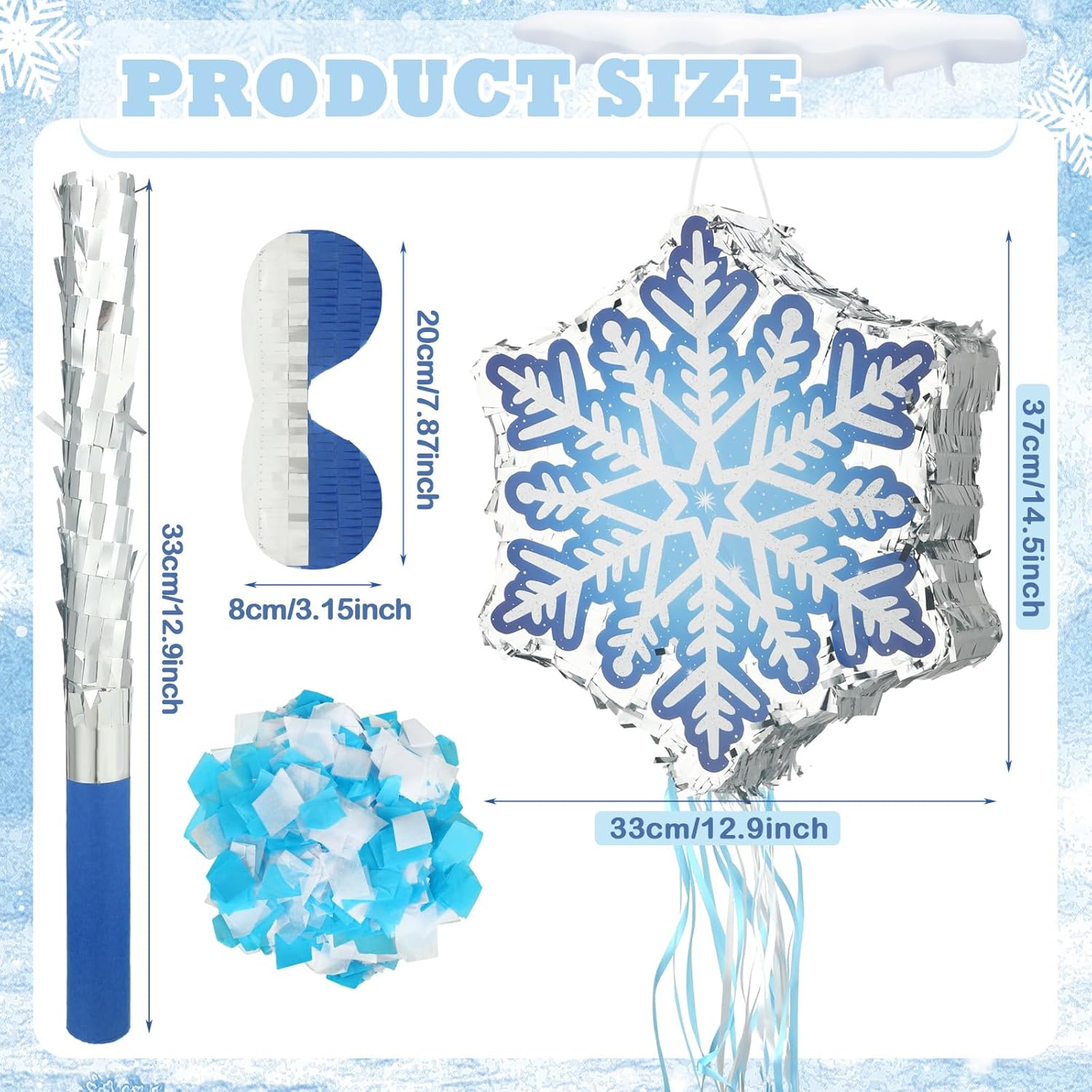 Shappy Winter Piñata Snowflake christmas Piñata with Blindfold Bat Confetti 13 x 14.5 Inch Snowflake Pull String for Christmas Winter Theme Birthday Party Game Decorations Supply