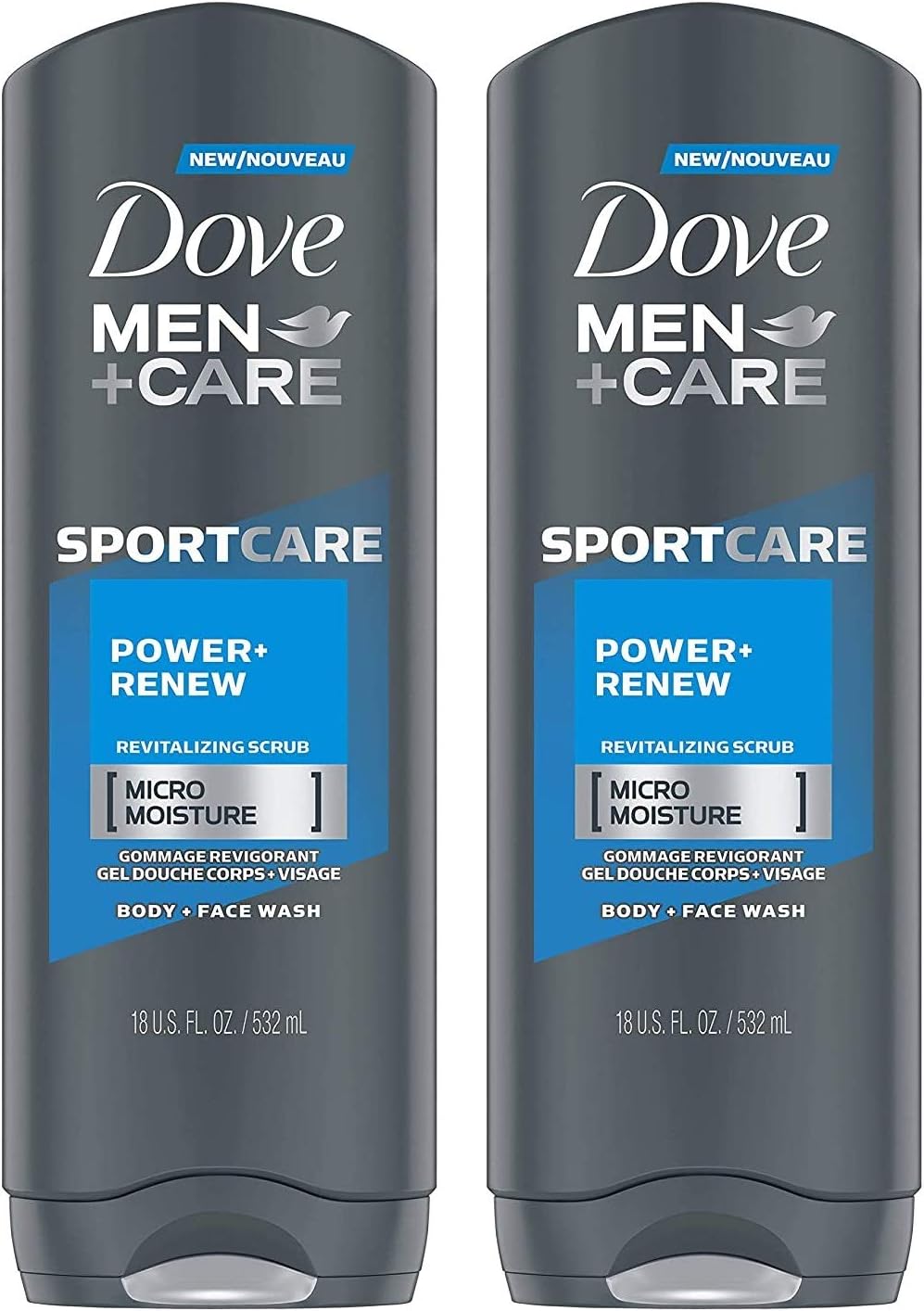 Dove Men + Care Sport Care - Body + Face Wash - Power + Renew - Net Wt. 18 FL OZ (532 mL) Per Bottle - Pack of 2 Bottles