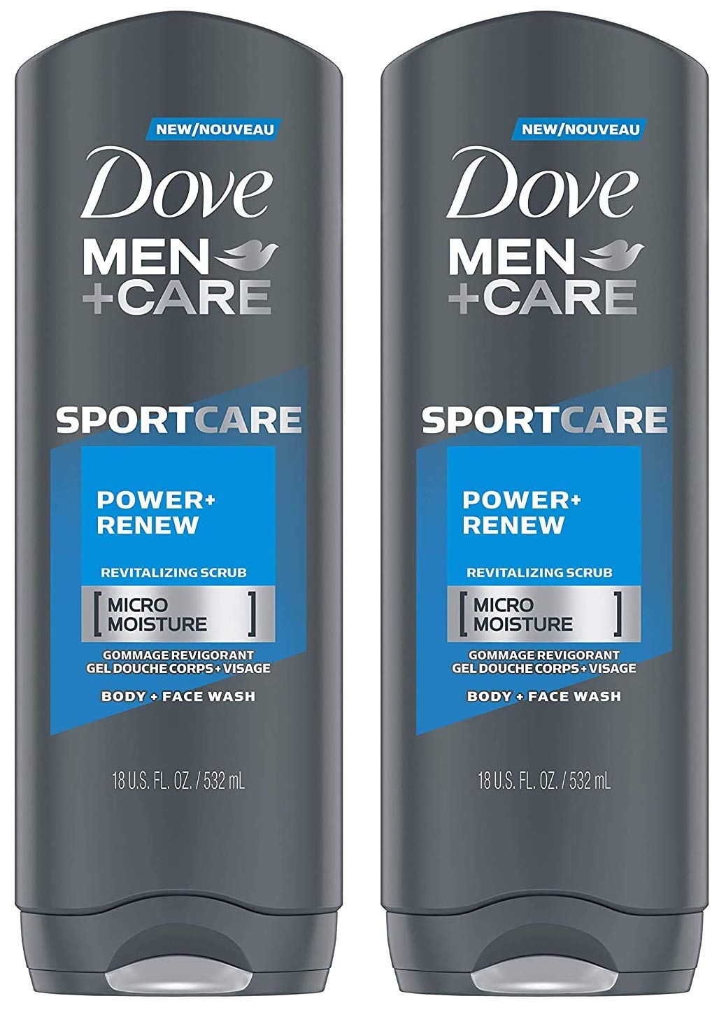 Dove Men + Care Sport Care - Body + Face Wash - Power + Renew - Net Wt. 18 FL OZ (532 mL) Per Bottle - Pack of 2 Bottles
