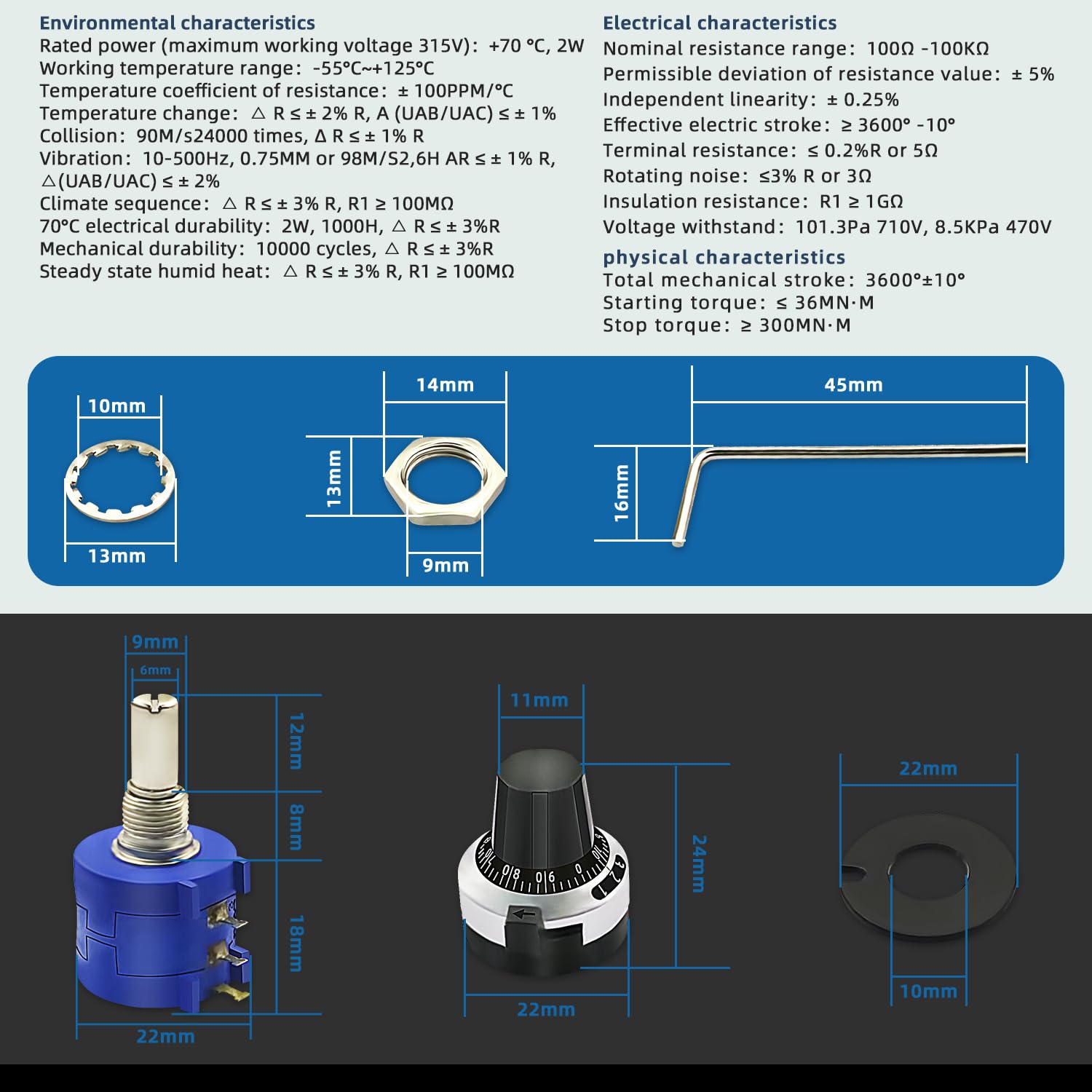 3590S-2-103L Drehpotentiometer, 10 kOhm, 10 Umdrehung, drahtgewickelt, Präzisions-Multidrehung, drahtgewickeltes Potentiometer, 4 Stück