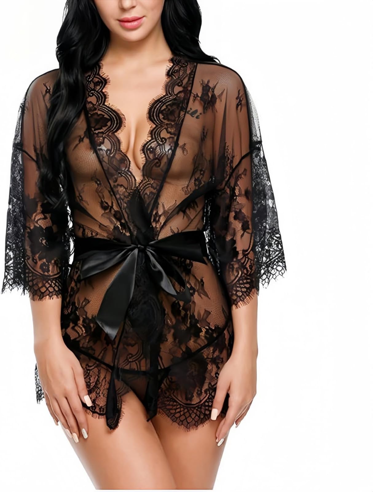 Sexy Floral Lace Robe Lingerie with G-String See Through Black Mesh Short Dressing Gown for Women V Neck Bridal Lingerie Kimono with Satin Belt Babydoll Nightwear