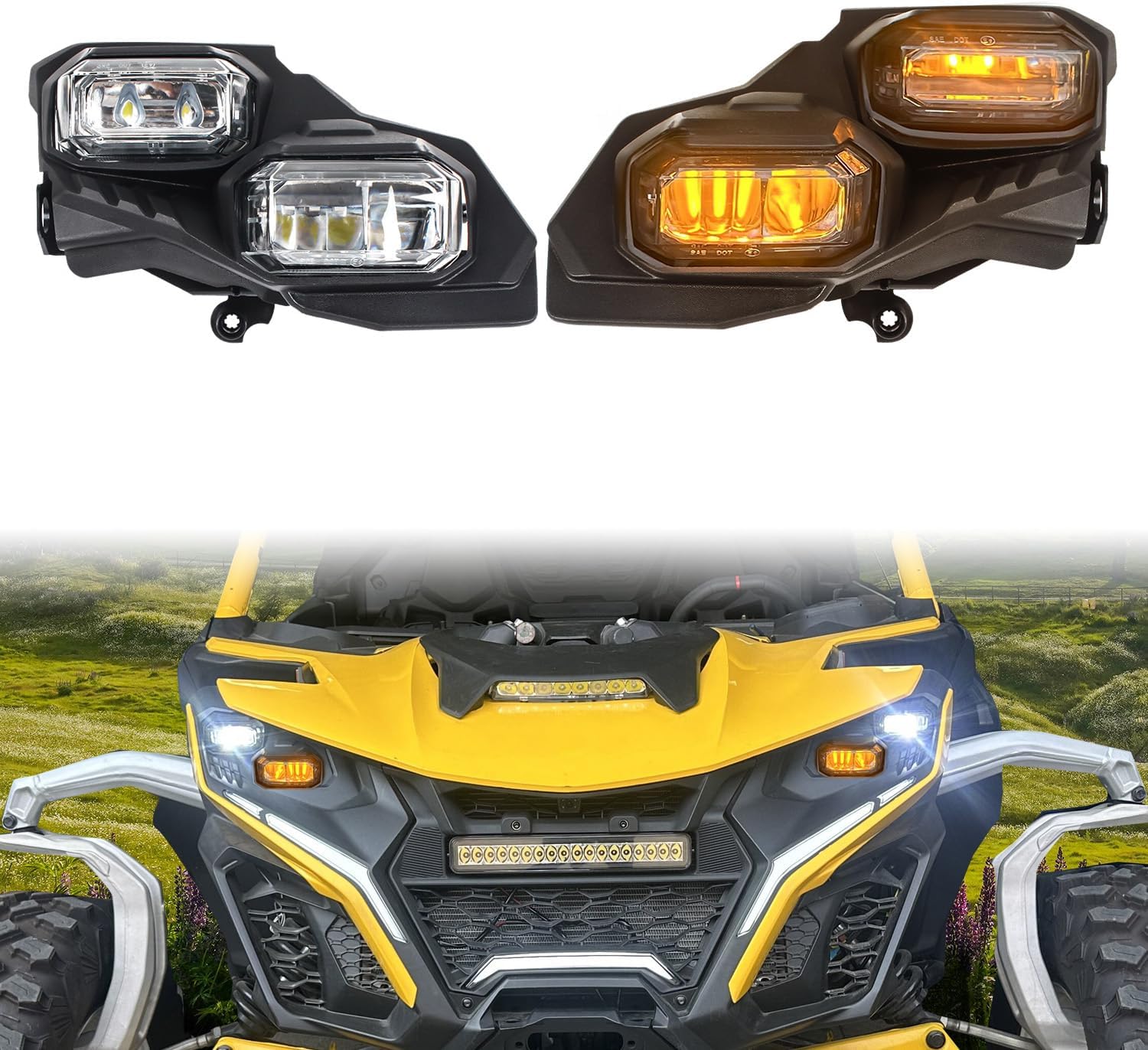 LED Headlights High/Low Beam Yellow DRL Compatible with Can-Am Maverick R/R MAX X RS 2024 2025 Accessorie, Left Right Head Lamp Replace 710008089, 710006911