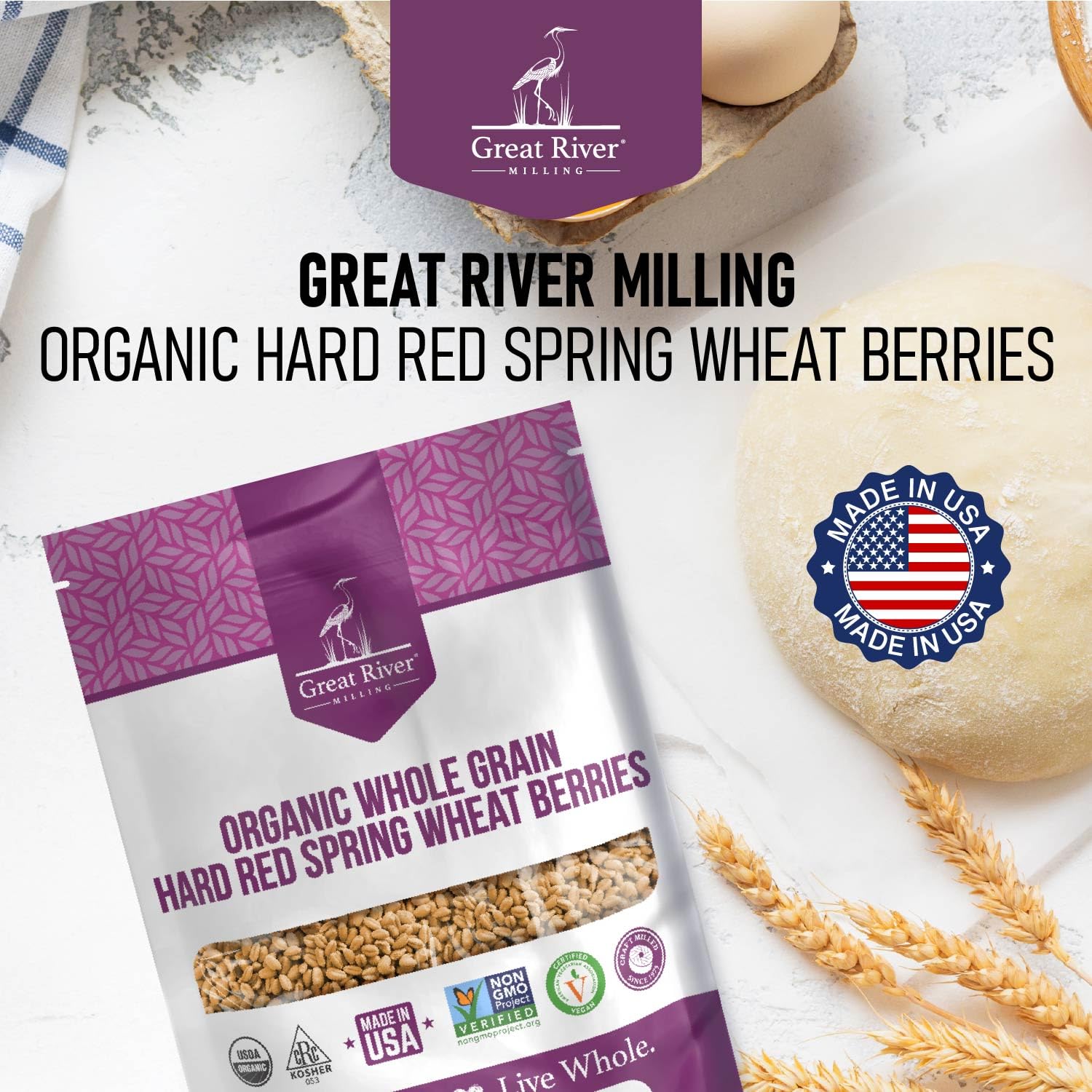 Great River Milling Organic Whole Grain Hard Red Spring Wheat Berries | Hard Red Whole Wheat | High Protein & Gluten | Non-GMO & Kosher | Perfect For Bread, Salad, Pilaf, Bagels & More | 5 Lb