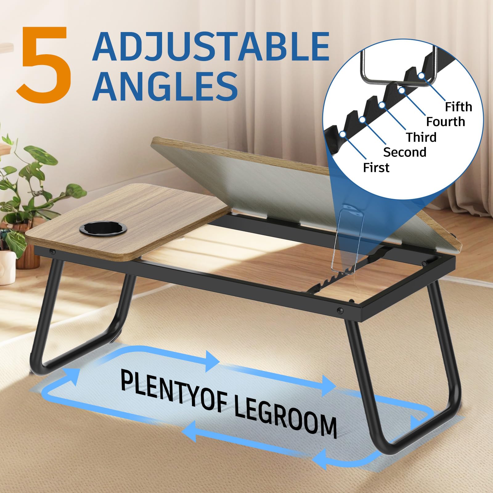 Huracan Table pour Ordinateur Portable, Plateau de Petit déjeuner pour Le lit Support d'ordinateur, avec Pieds Pliables, 5 Angles d'inclinaison, Lapdesk, Support de Table lit pour canapé, Divan, Noix