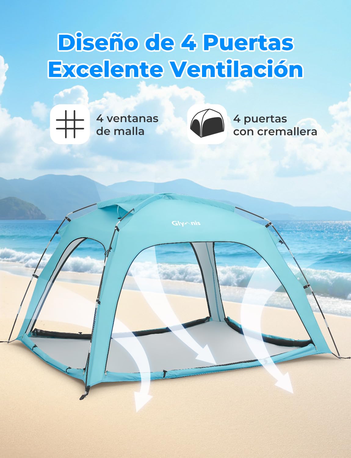 Glymnis Tienda de campaña grande para 3-4 personas, protección UV, refugio solar portátil, ideal para playa, picnic y pesca