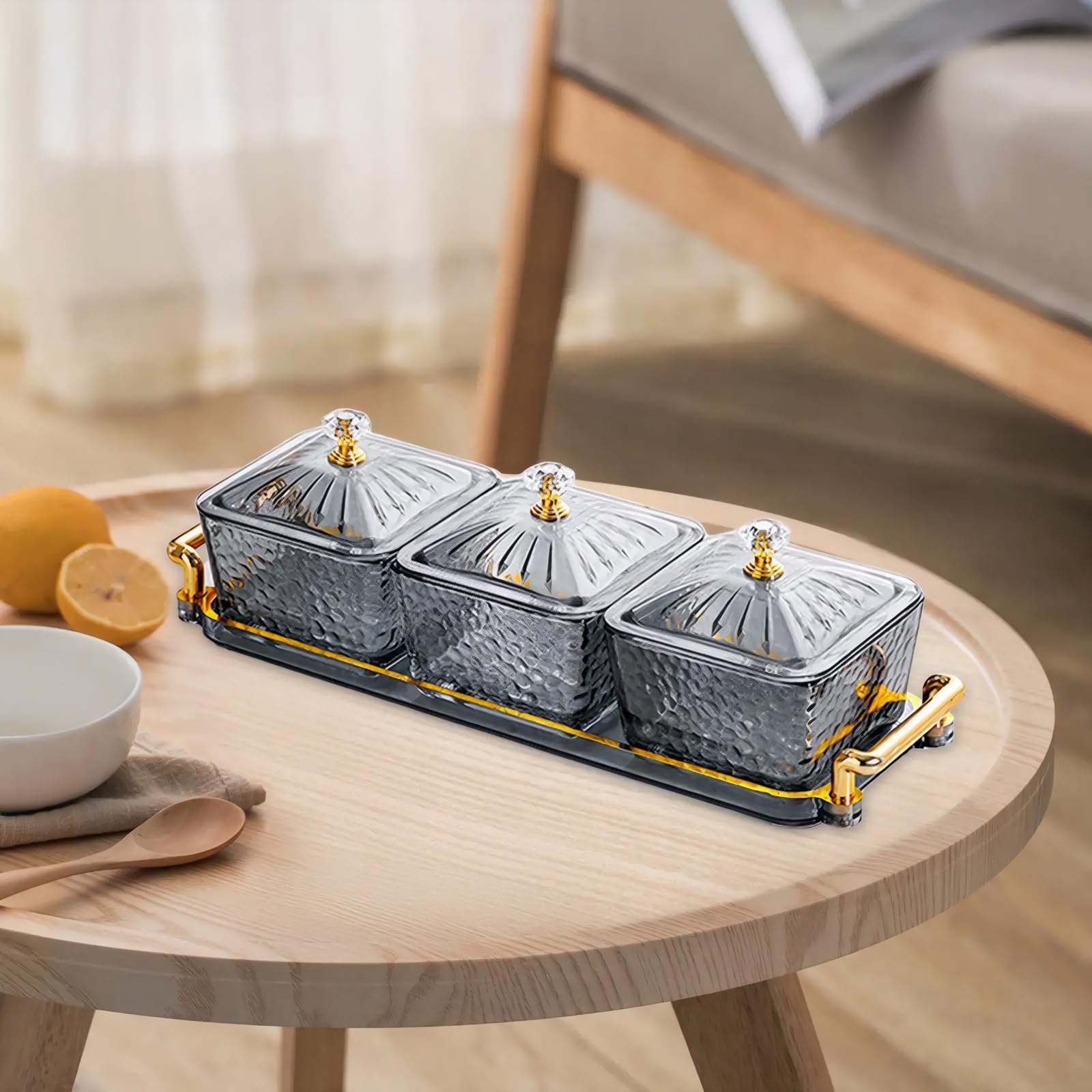 Elegantes platos divididos para servir con 3 compartimentos a juego, tapa y bandeja, ideal para aperitivos, aperitivos y artículos esenciales de cocina, perfectos para fiestas y reuniones