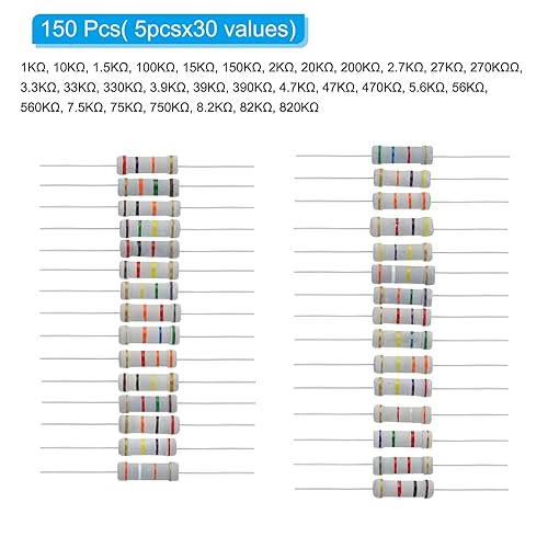 Miniatura 3 de PATIKIL Resistencia de película de carbono de 2 vatios 1K-820 K ohmios, 150 piezas de 30 valores, kit surtido de resistencias de 5% de tolerancia