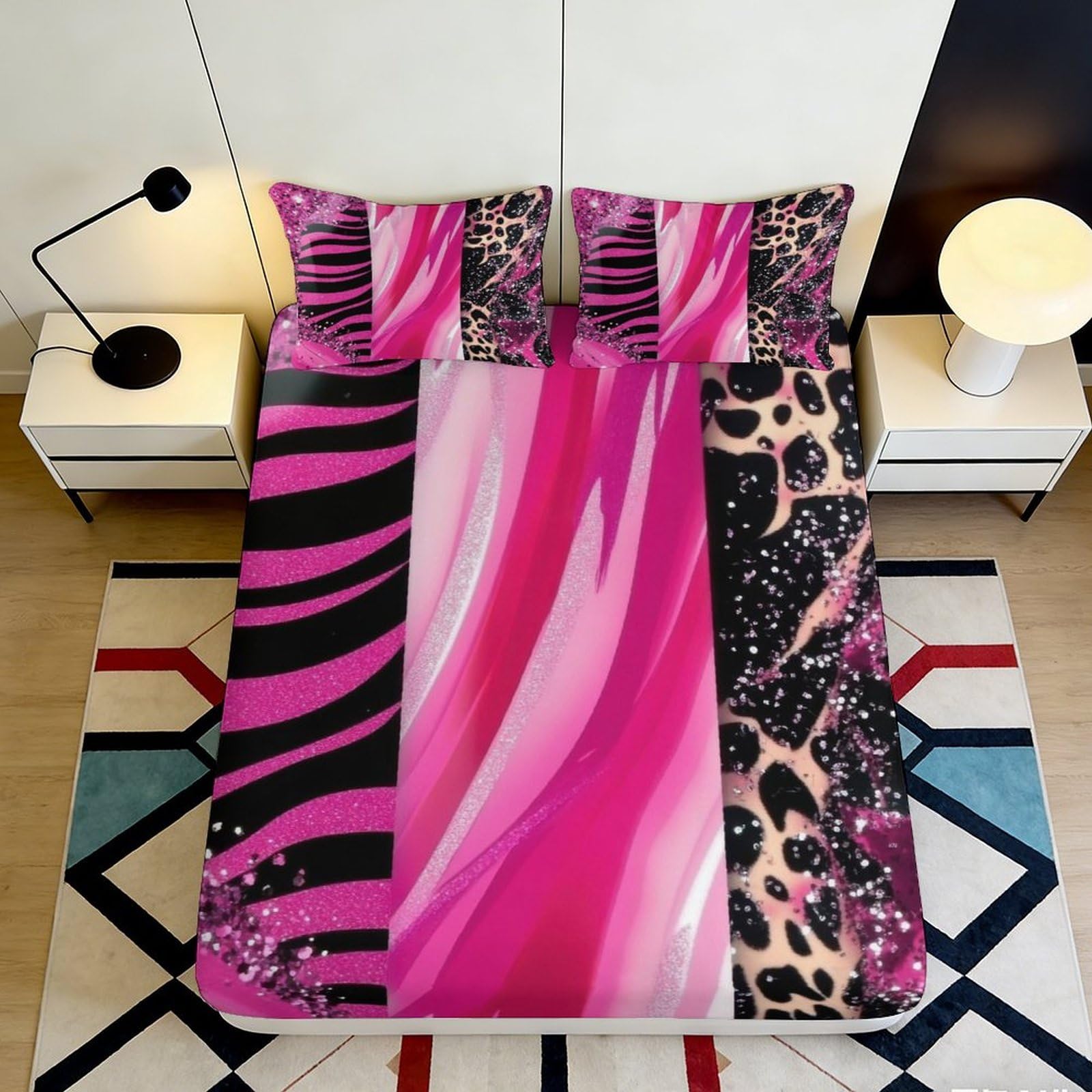 3D Printed Pink Zebra Fitted Sheet Microfiber Soft Leopard Mattress Cover for Bedroom Dorm Decoration Easy Care 90x200x25cm