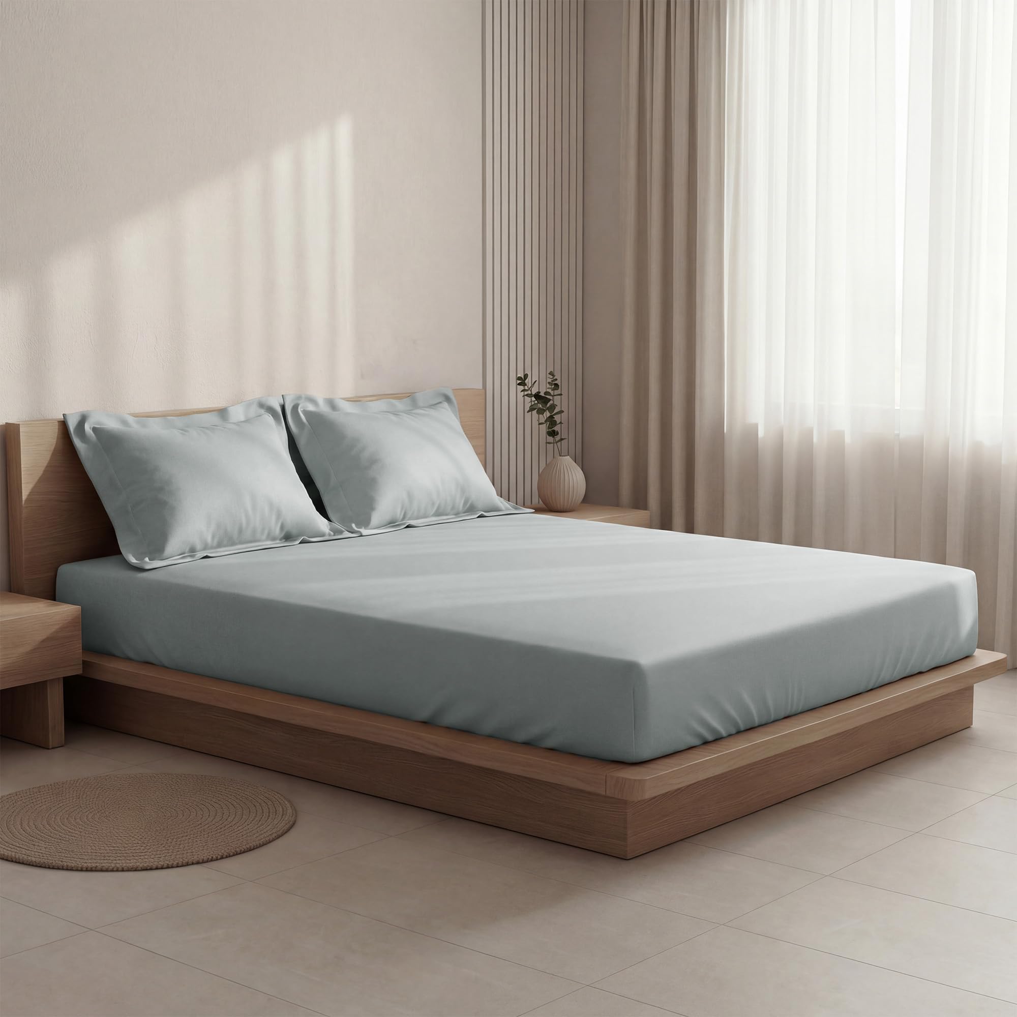 SleepyCat 300TC Sateen Fitted Sheets with 2 Pillowcase | 100% Cotton Bedsheet | Buttery Soft Feel | 360° Elastic Grip | Side Pockets for Phone, Keys & Books | Denim, Queen Size, 78x60 Inch