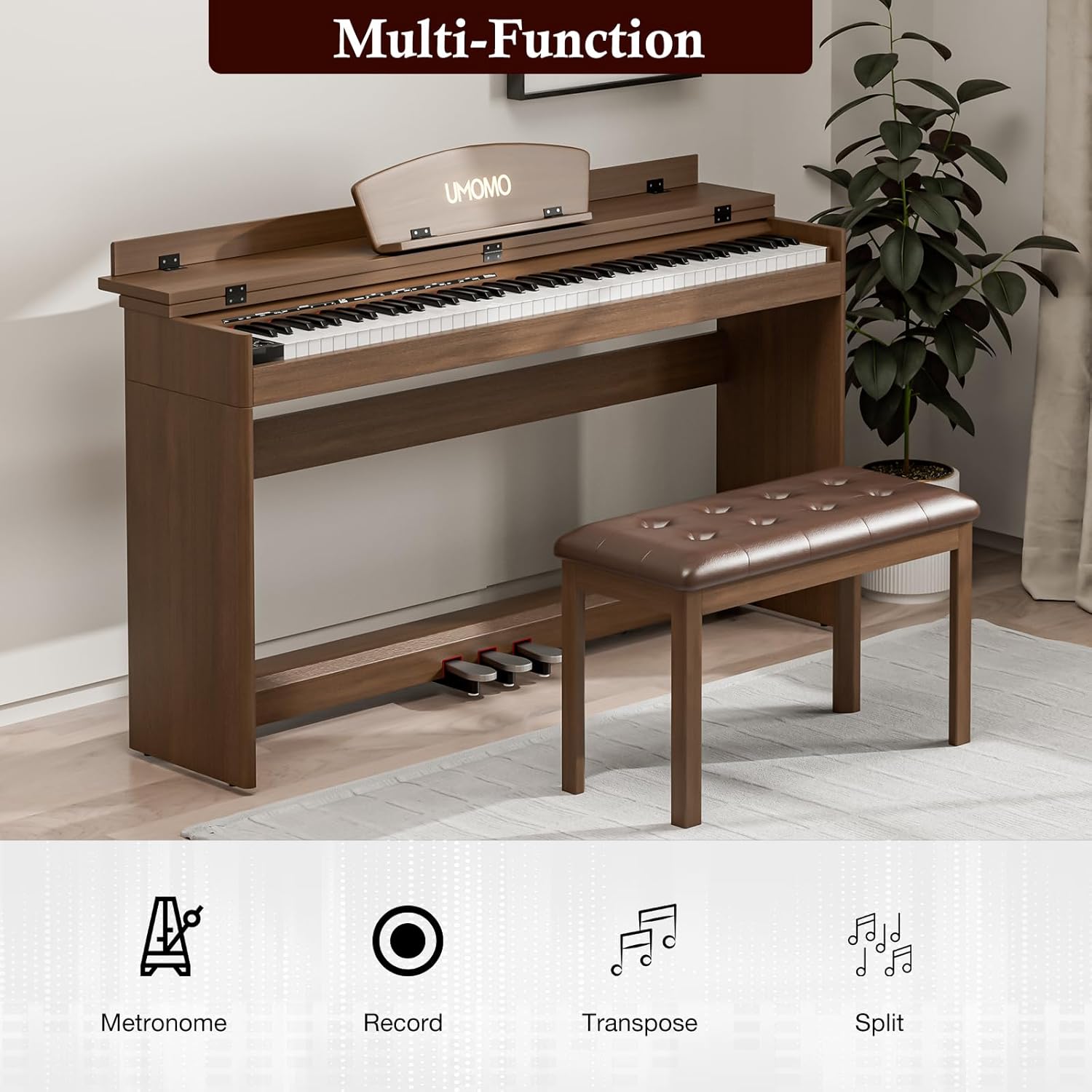 UMOMO U-720 88 Key Digital Piano Keyboard with Piano Bench, Full Size Electric Piano with Piano Stand, Headphone Jack, 3 Pedal, Electronic Piano for Beginner, Adults, Brown